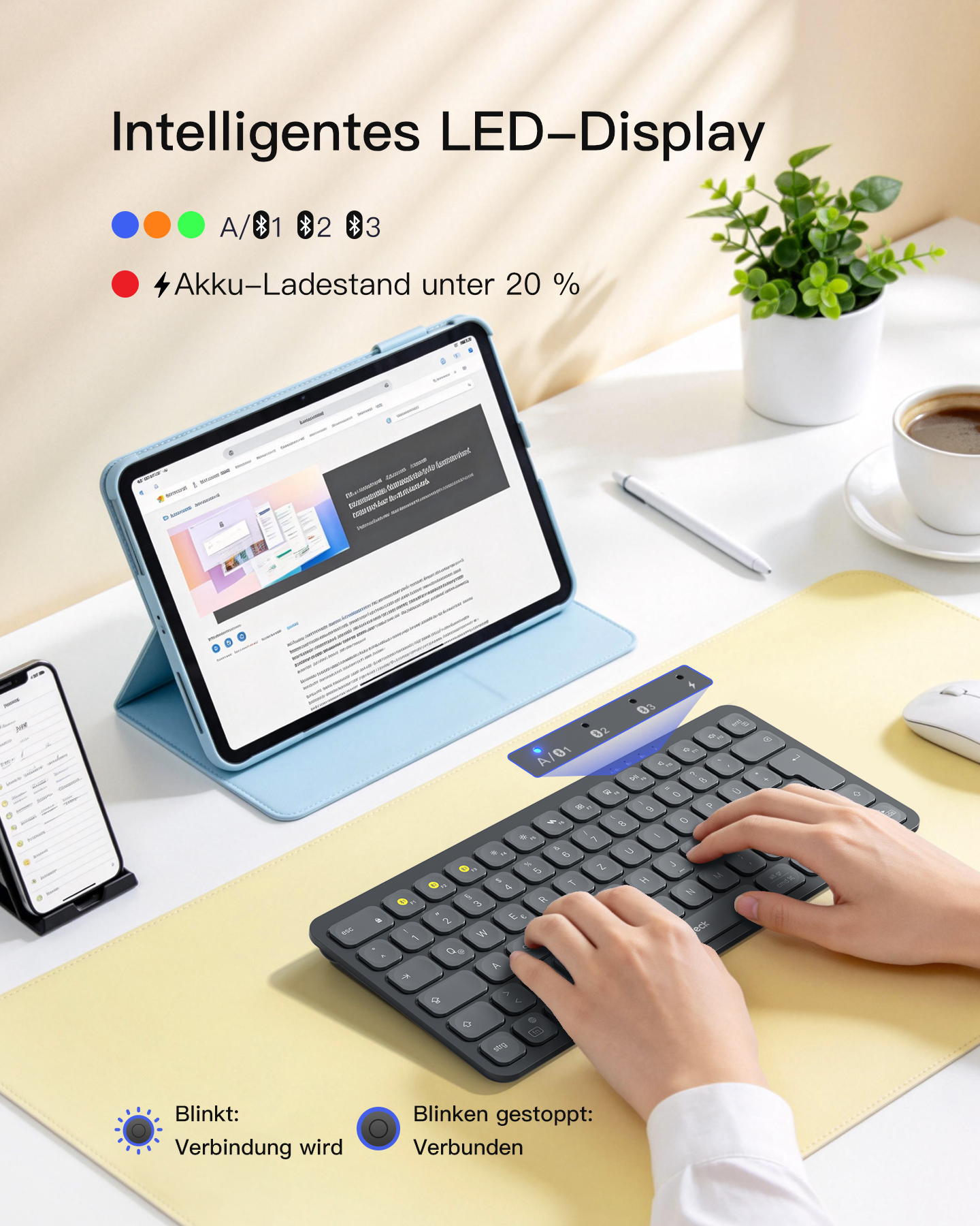 Ein Tablet, eine Tastatur und eine Maus auf einer gelben Matte. Intelligentes LED-Display.