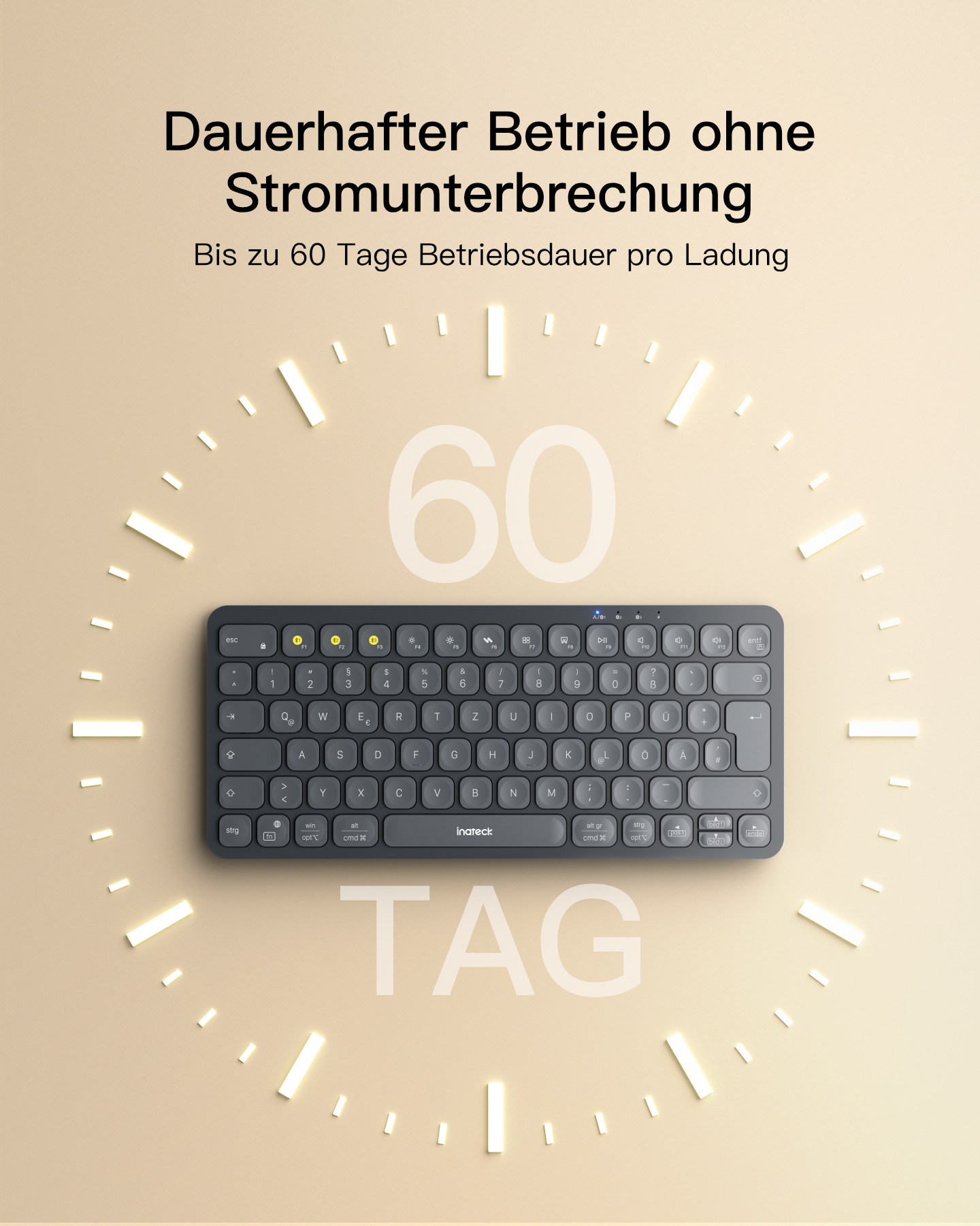Dunkelgraue Tastatur mit "60" und "TAG" vor einem cremefarbenen Hintergrund.