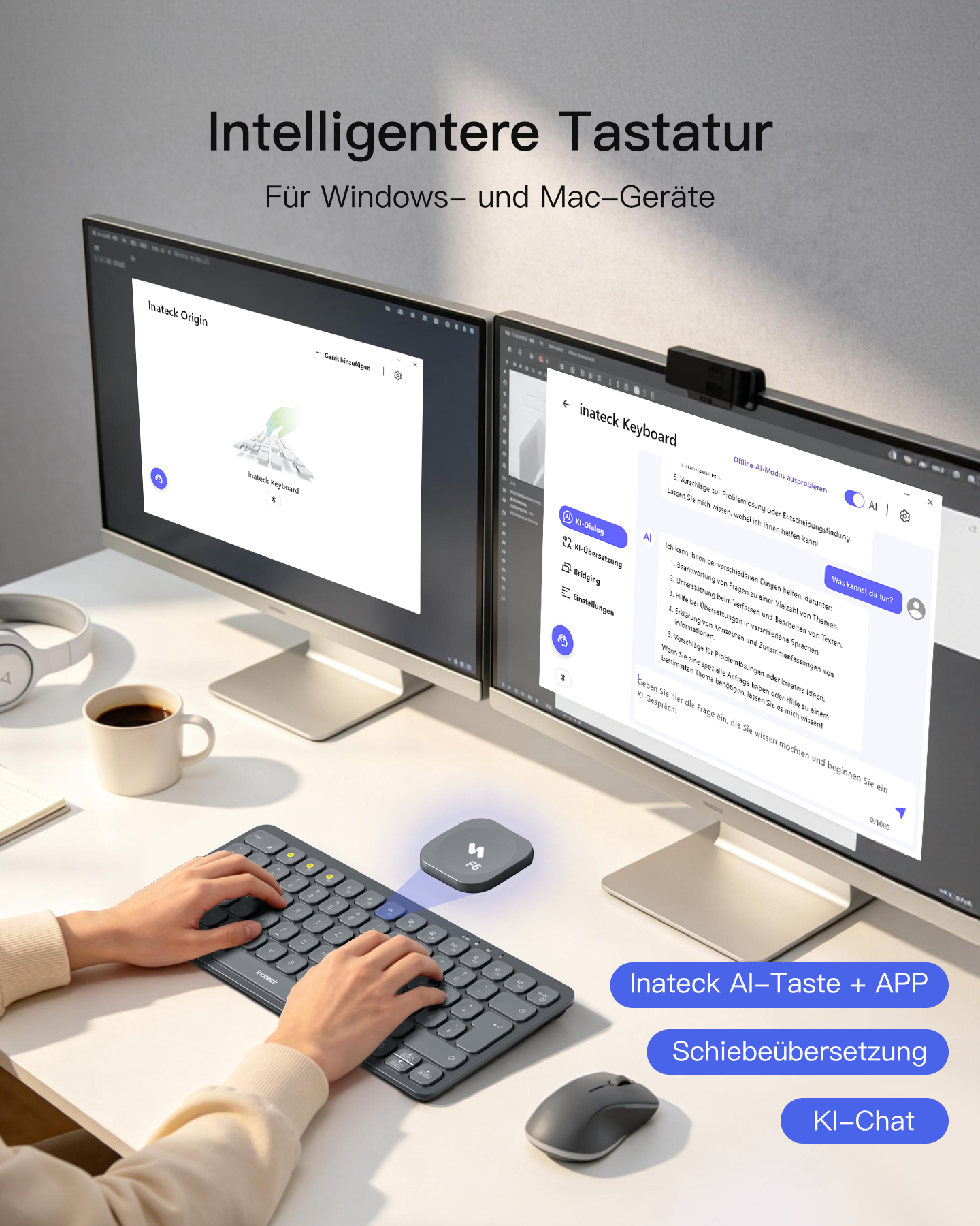 Ein Schreibtisch mit zwei Monitoren, einer Tastatur, Maus und Tasse Kaffee.
