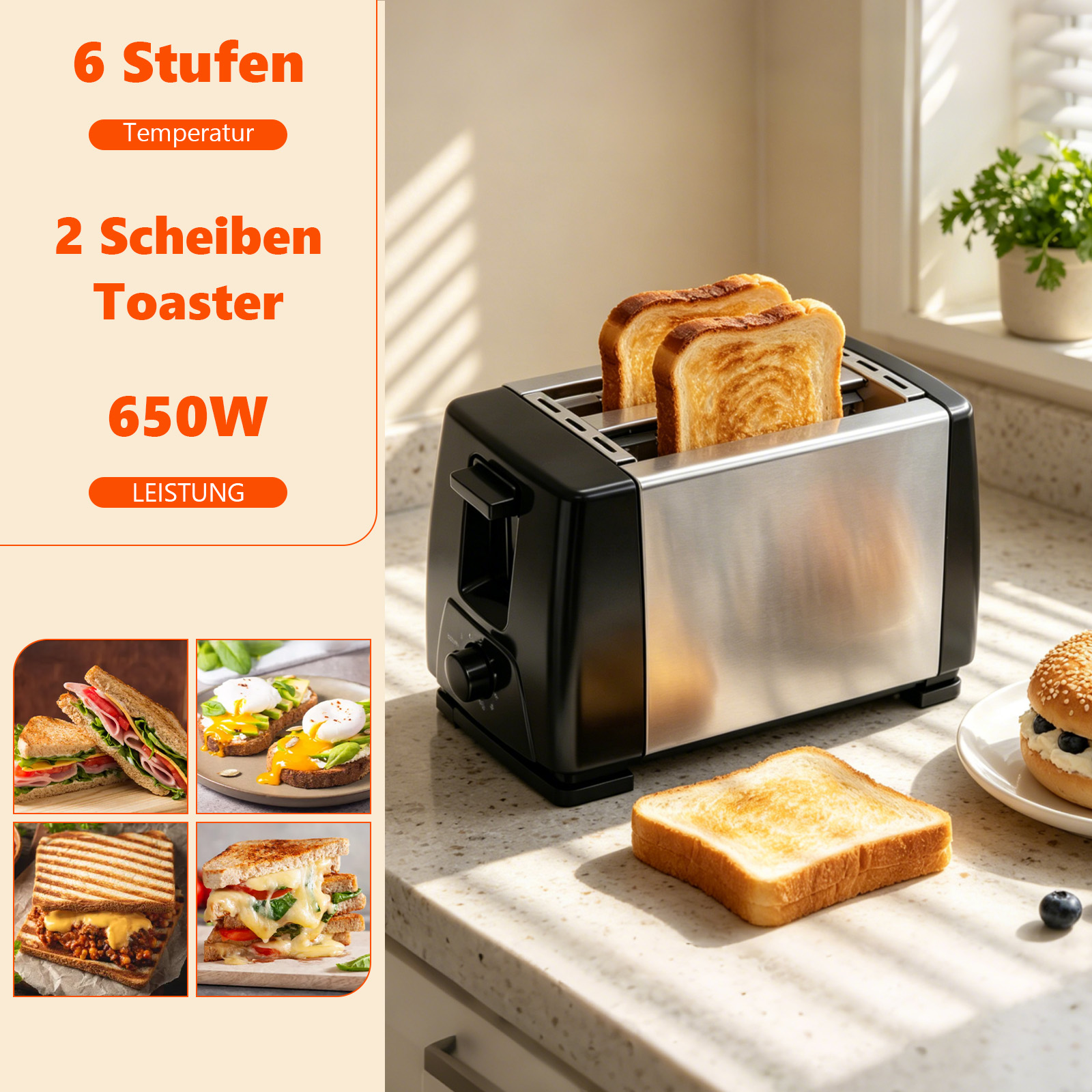 Ein silberner Toaster mit zwei Scheiben Toast, daneben ein Bagel und ein Toastbrot.