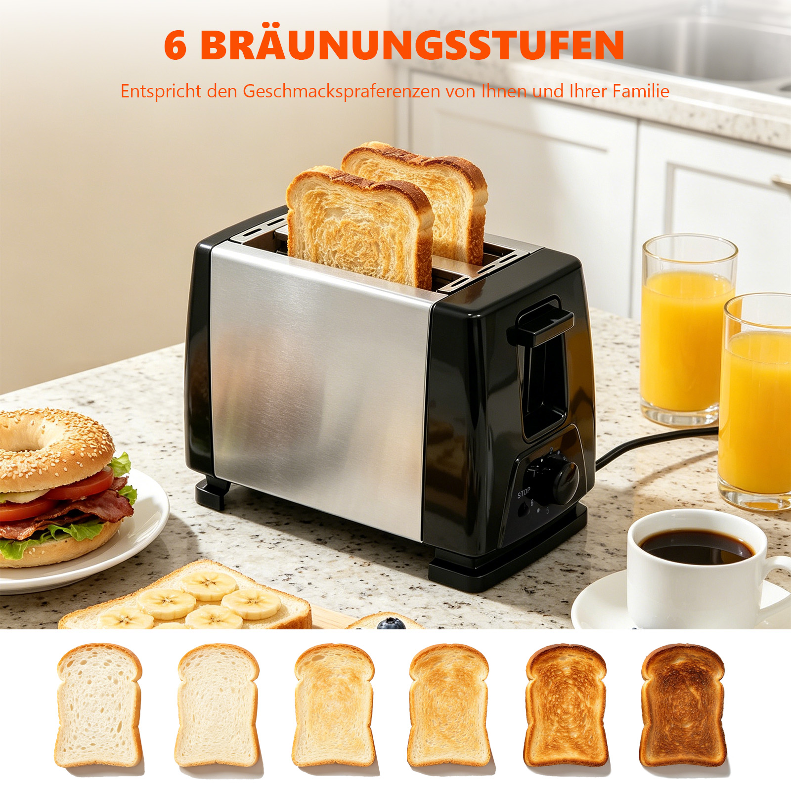 Ein Toaster mit Toast, Saft, Kaffee und einem Bagel-Sandwich.