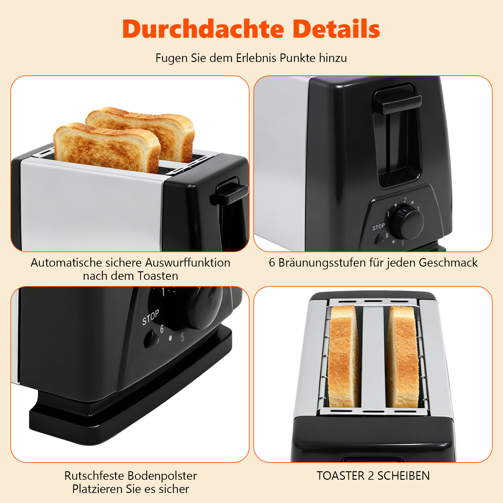 Ein Toaster mit zwei Scheiben Toast und Bedienelementen.