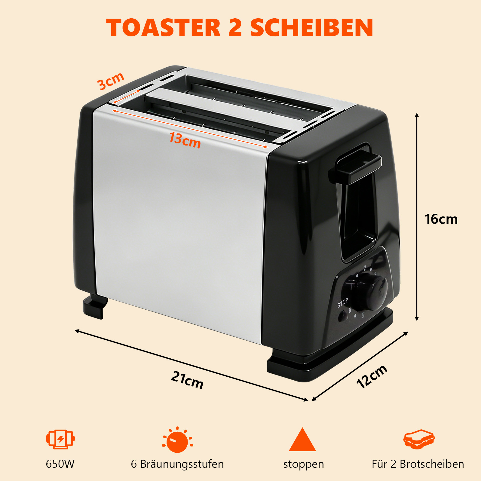 Ein silberner und schwarzer Toaster mit Maßen: 21x12x16cm. 650W.
