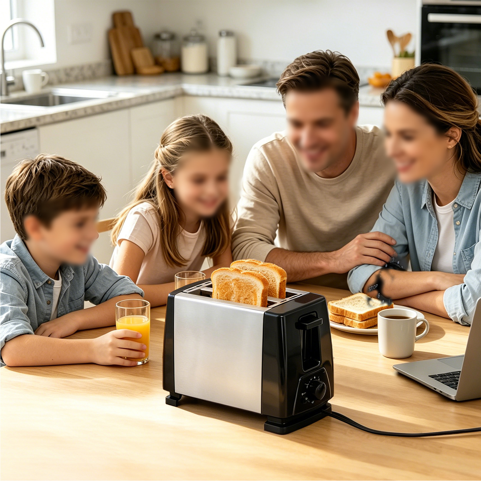Familie am Frühstückstisch mit Toaster, Toast und Orangensaft.