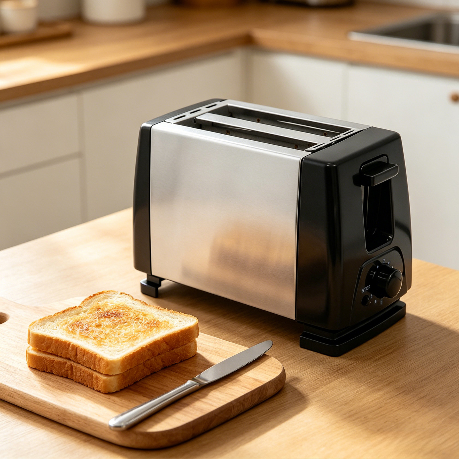 Ein Toaster mit zwei Scheiben Toast und einem Messer auf einem Holzbrett.