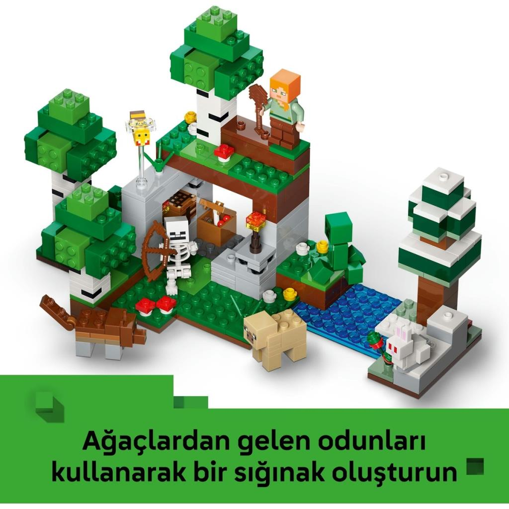 Set Lego Minecraft avec squelette, personnages, animaux, arbres et une rivière.
