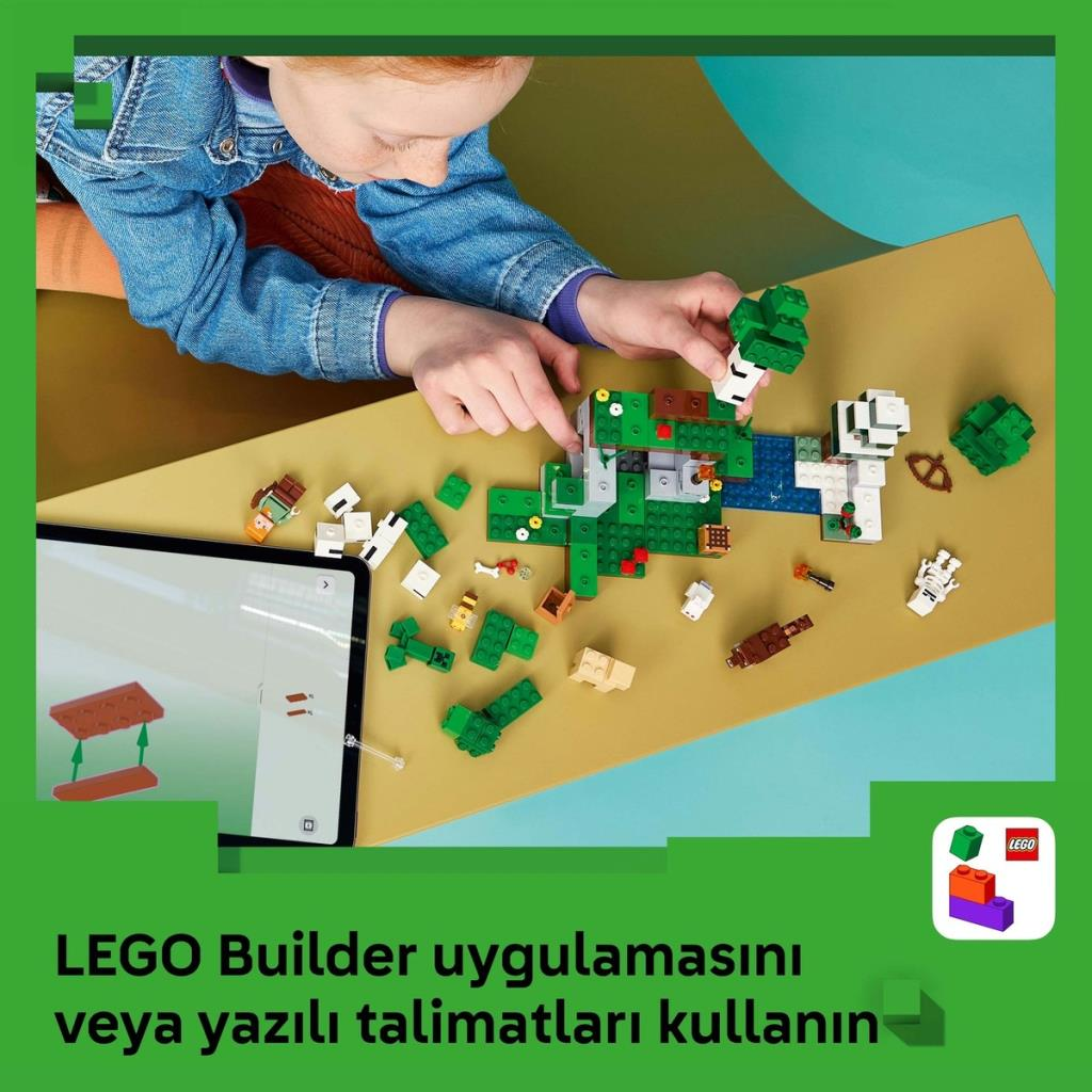 Bir çocuk masada renkli LEGO tuğlalarıyla inşa ediyor, yanında talimatları gösteren bir tablet var.