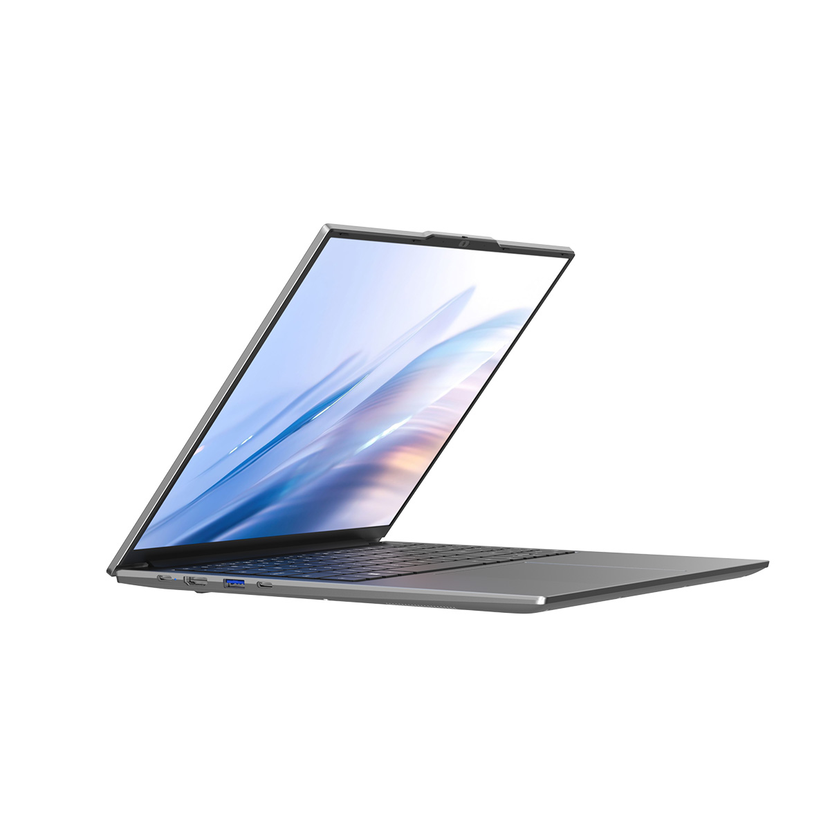 Een grijze laptop met het scherm open, tegen een witte achtergrond.