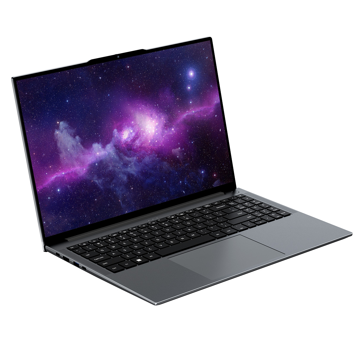 Otwarty laptop z purpurowo-niebieską galaktyką na ekranie.