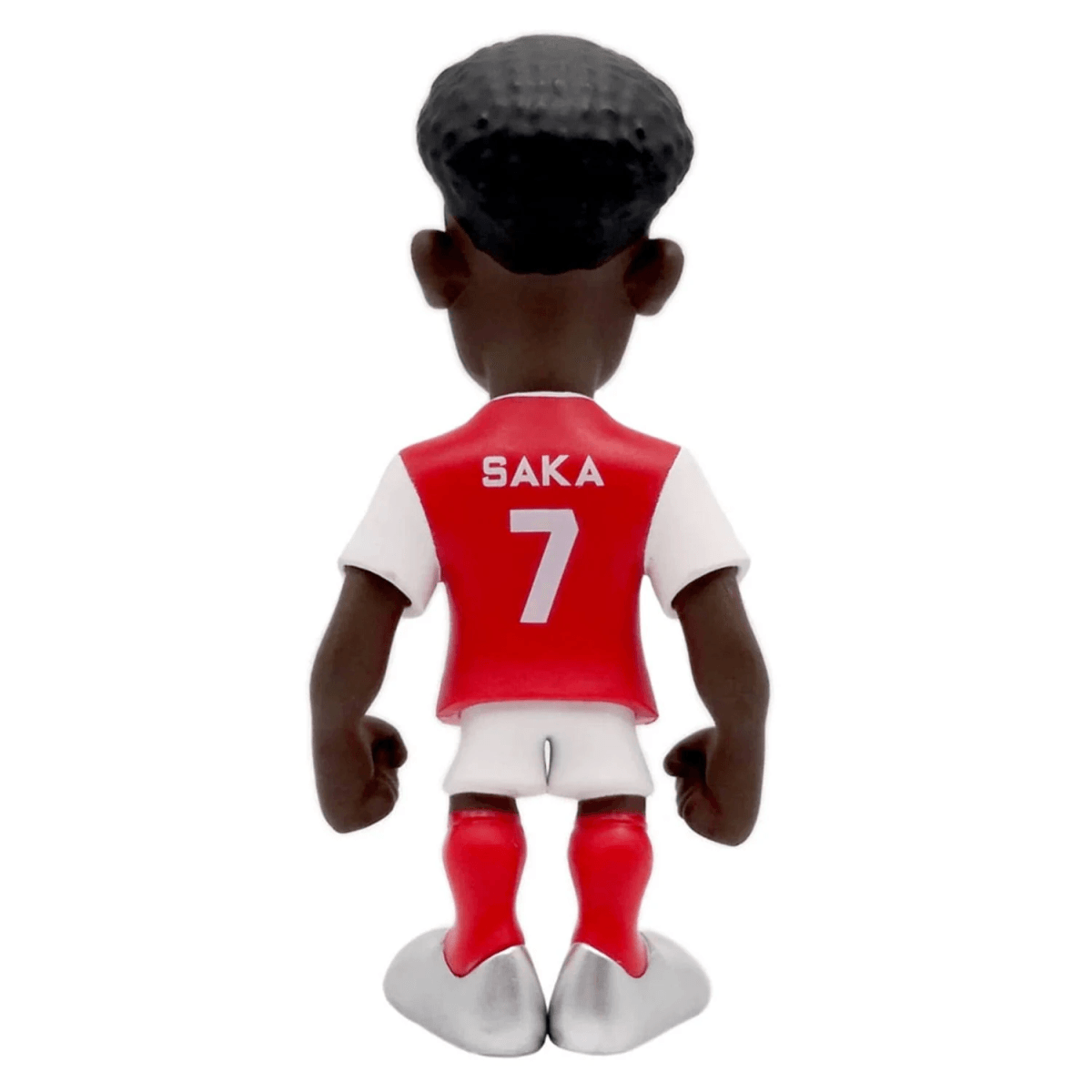 Vista posterior de figura de fútbol con camiseta roja, 'SAKA 7' blanco, pantalones cortos blancos.