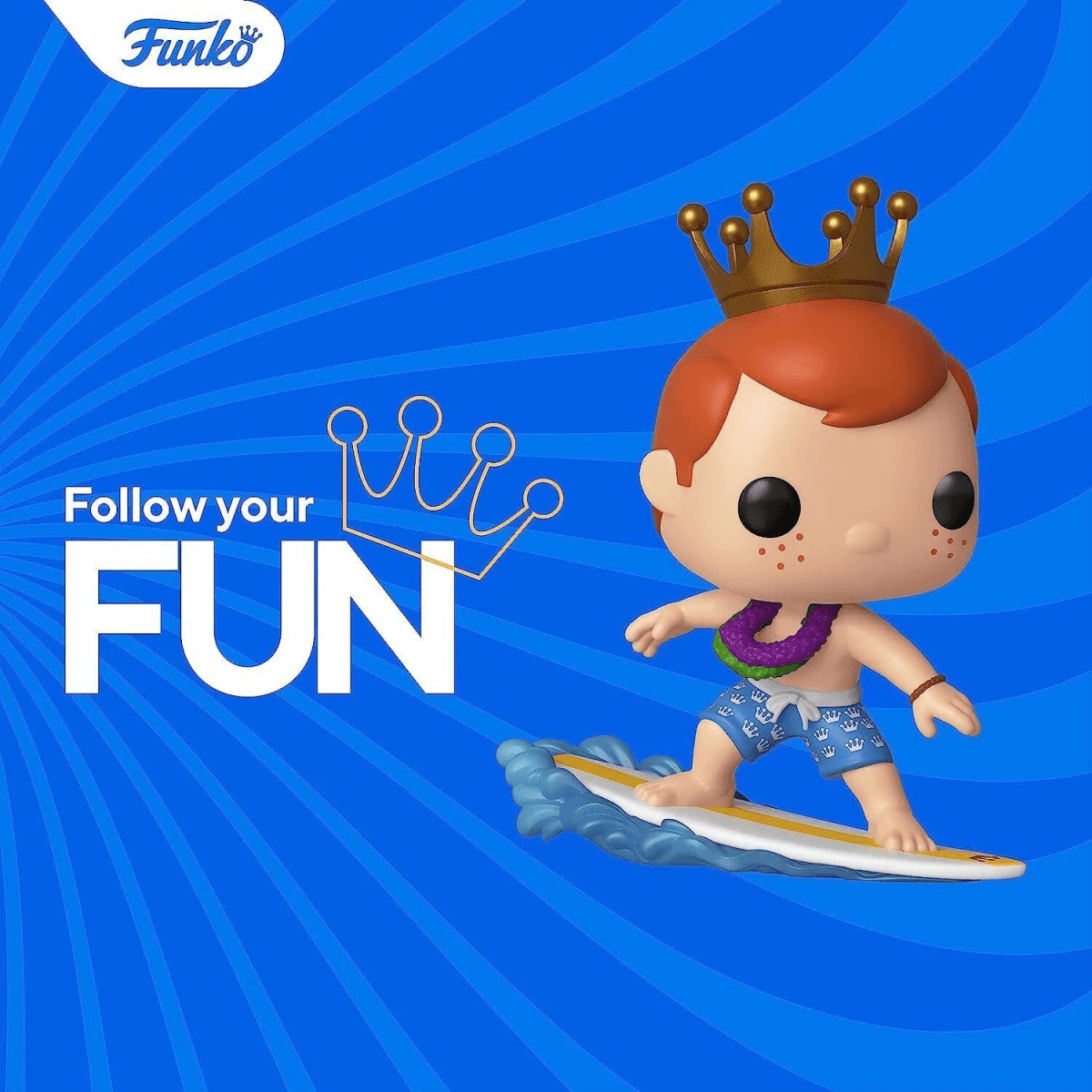 Figura Funko Pop de vinilo de un niño surfeando con corona, collar y pantalones cortos.
