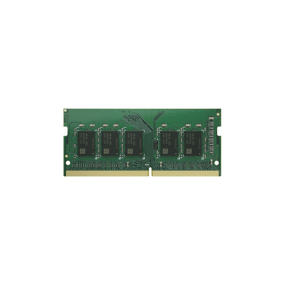 Un modulo RAM verde con quattro chip di memoria neri e contatti dorati.