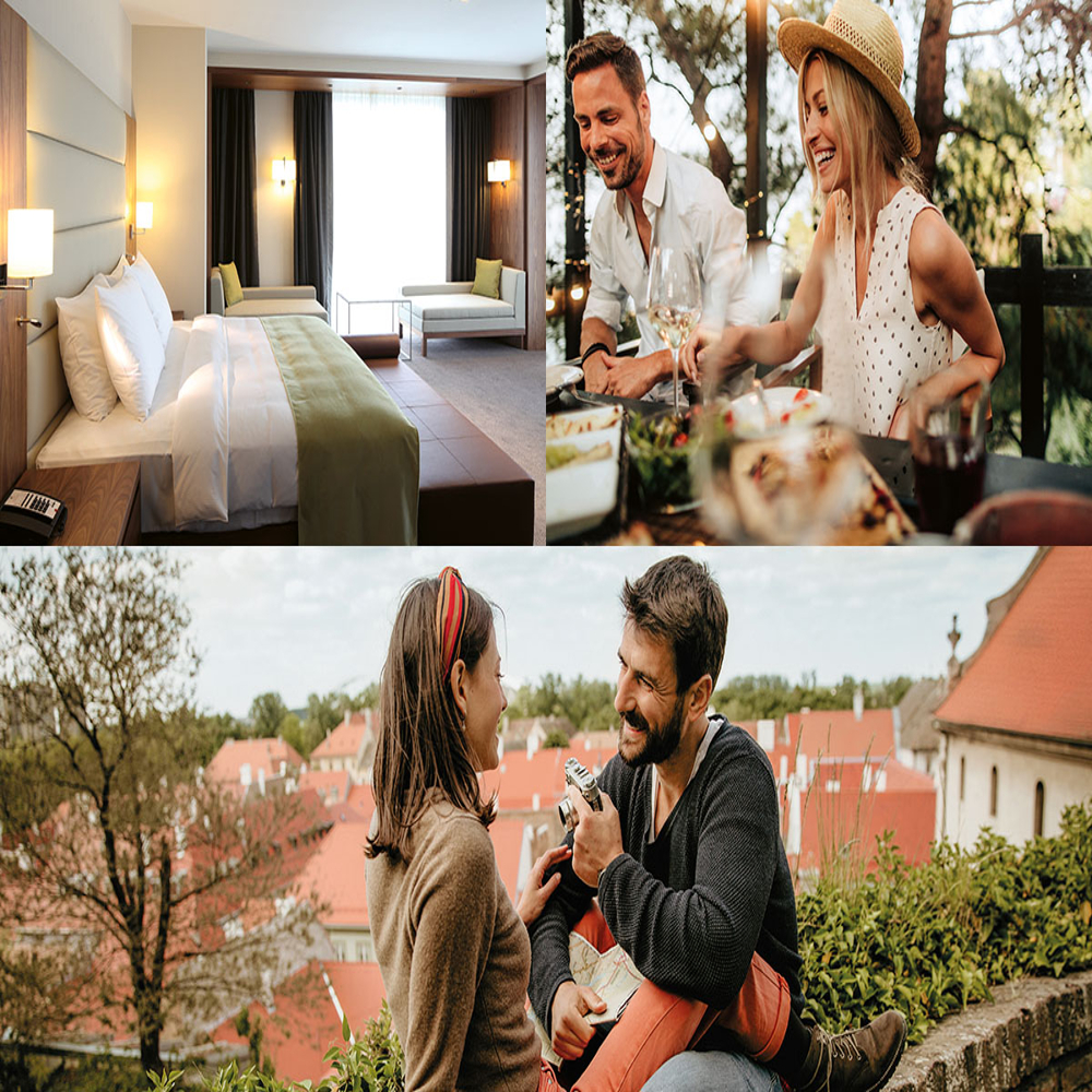 Collage aus Hotelzimmer, Paar beim Essen und Paar mit Kamera vor Städten.