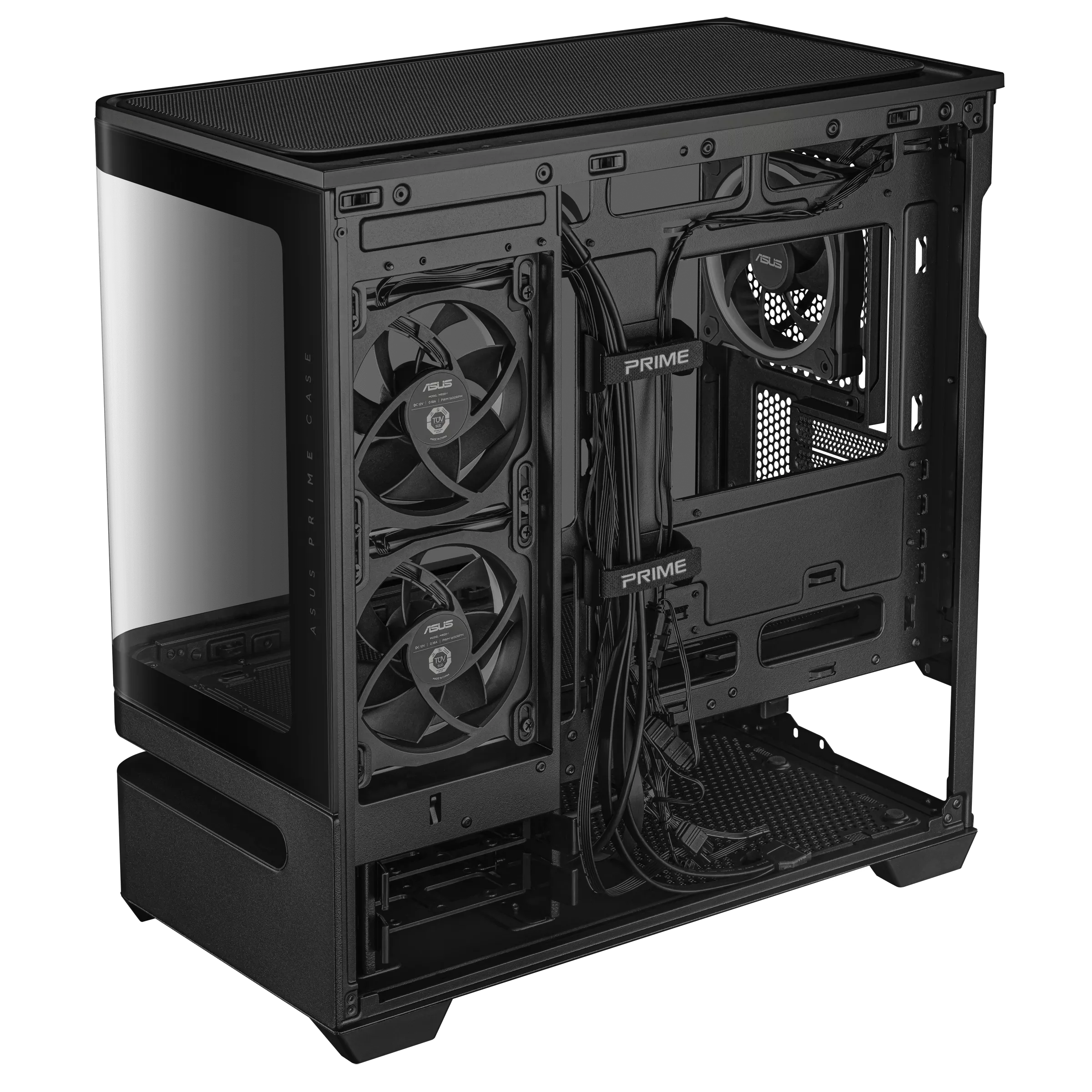 Caja de ordenador negra con ventiladores y cables, vista interior.
