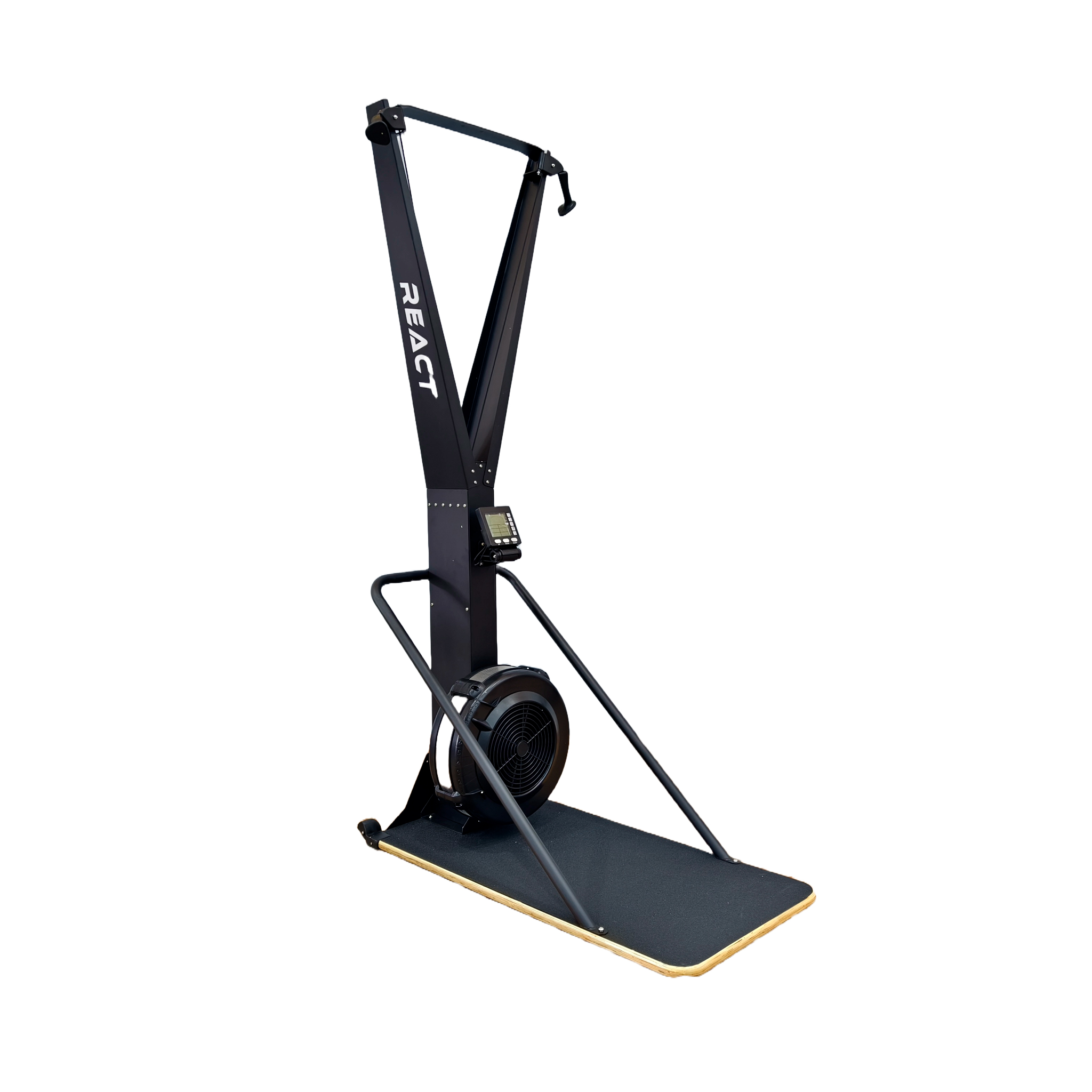 Ein schwarzes Indoor-Ski-Trainingsgerät mit Lüfterrad und Display.
