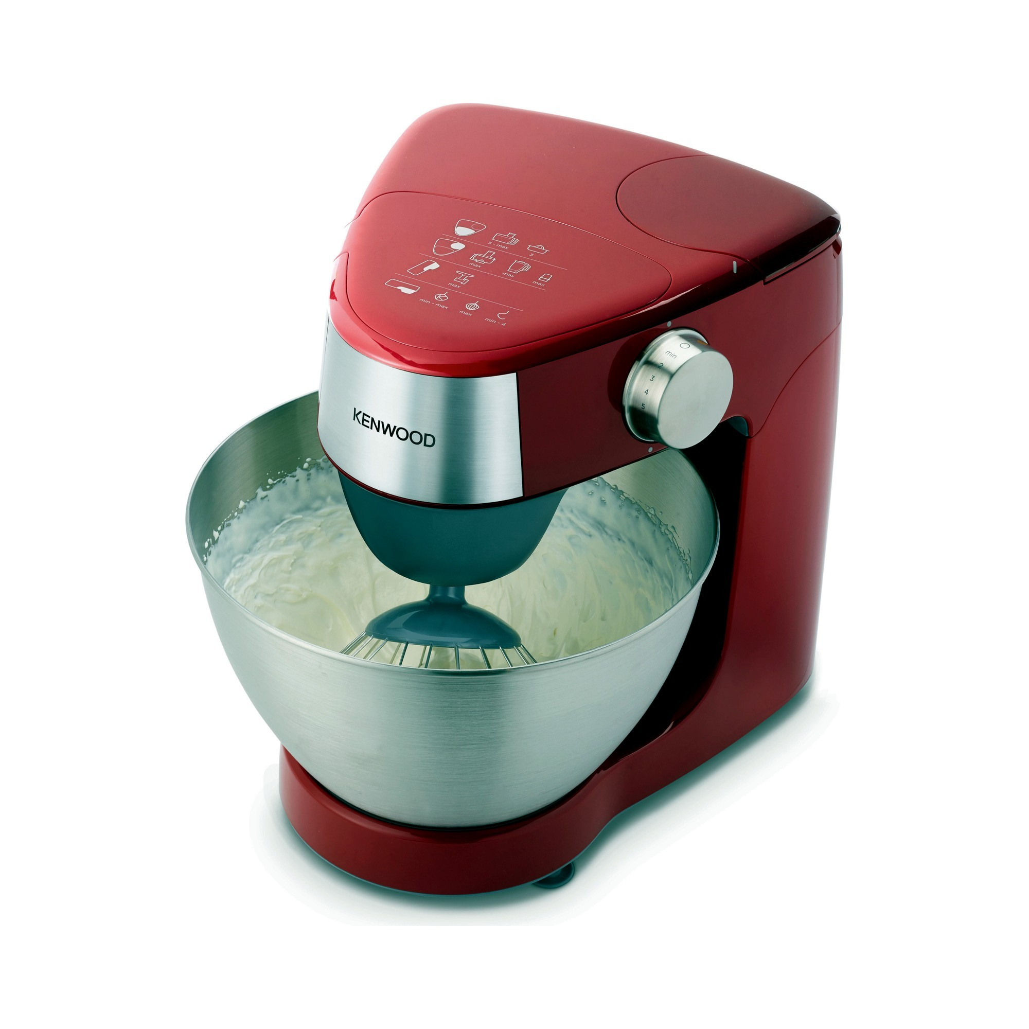 Ein roter Kenwood Küchenmixer mit Schneebesen, der Sahne schlägt.