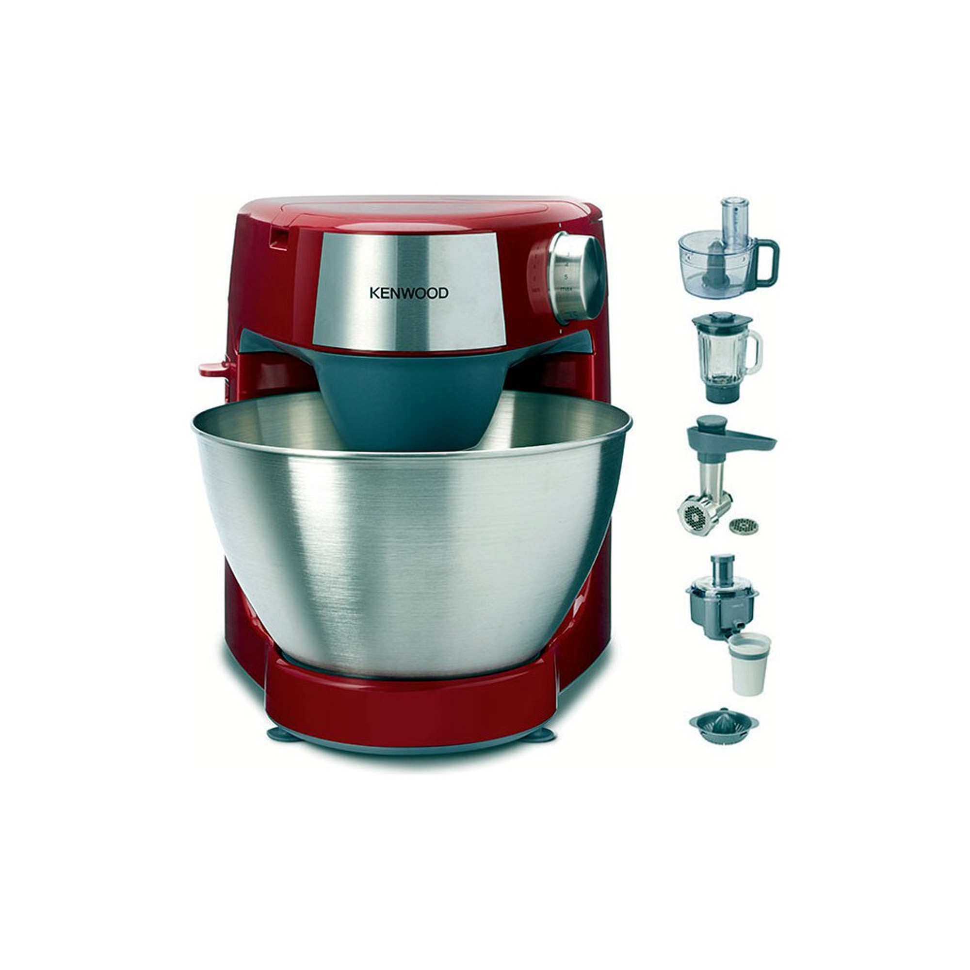 Rote Kenwood Küchenmaschine mit silberner Schüssel und Zubehör.