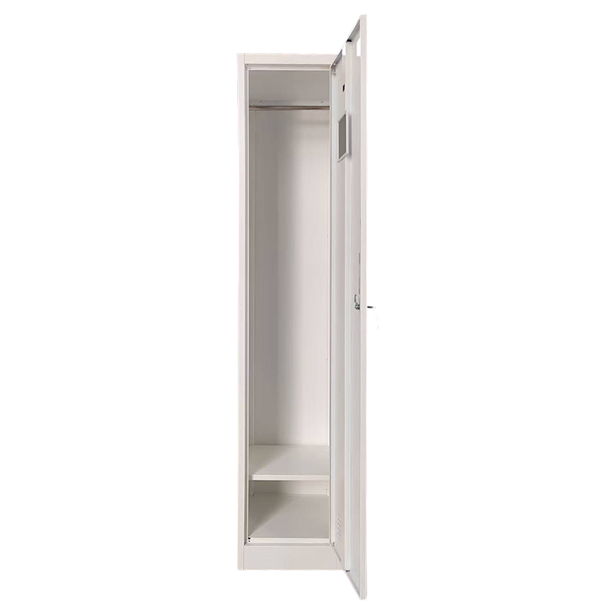 Ein weißer Metallschrank mit offener Tür, Kleiderstange und einem Regal.