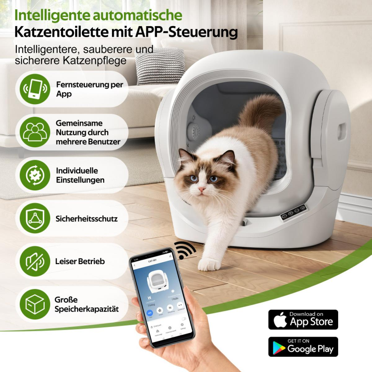 Automatische Katzentoilette mit APP-Steuerung, mit Ragdoll-Katze und Smartphone-App.