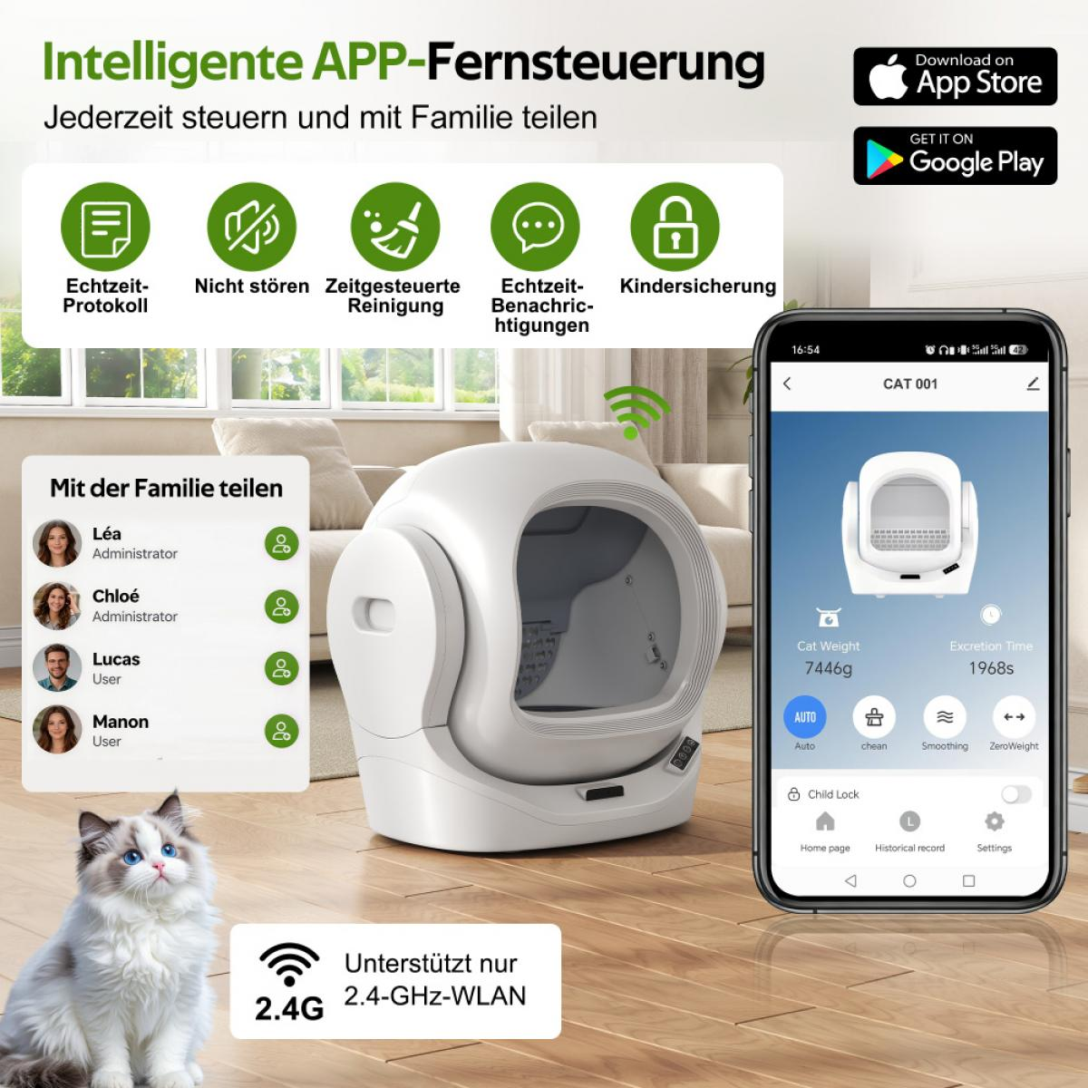 Intelligente Katzenklo-App-Steuerung mit Familienfreigabe, App-Übersicht und Katze.