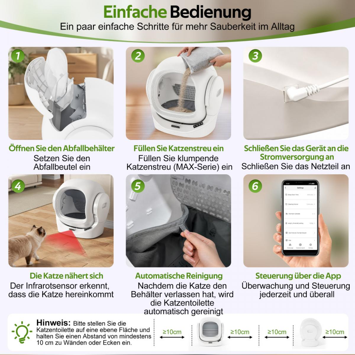 Schritt-für-Schritt-Anleitung für eine automatische Katzentoilette.