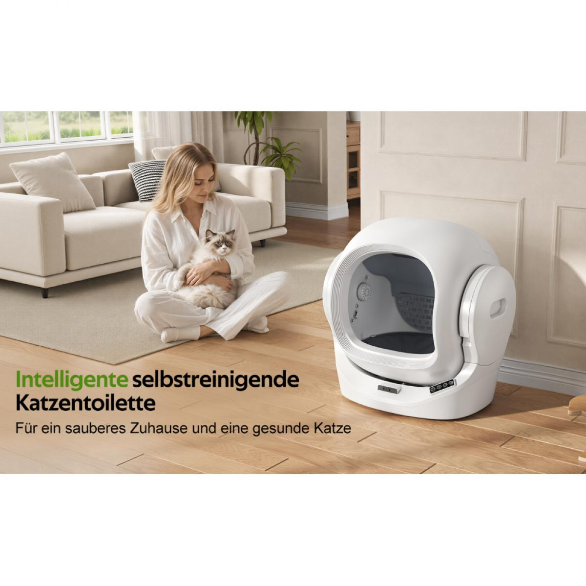 Eine Frau hält eine Katze in einem Wohnzimmer neben einer selbstreinigenden Katzentoilette.
