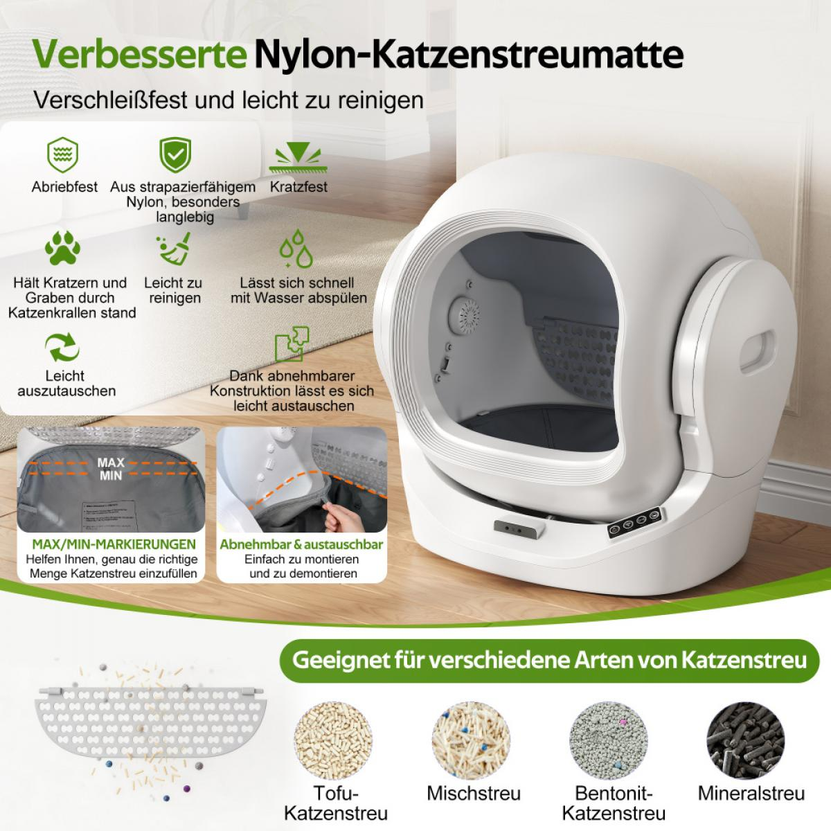 Weiße, automatische Katzentoilette mit Infografiken zu Haltbarkeit, Reinigung und Streuart.