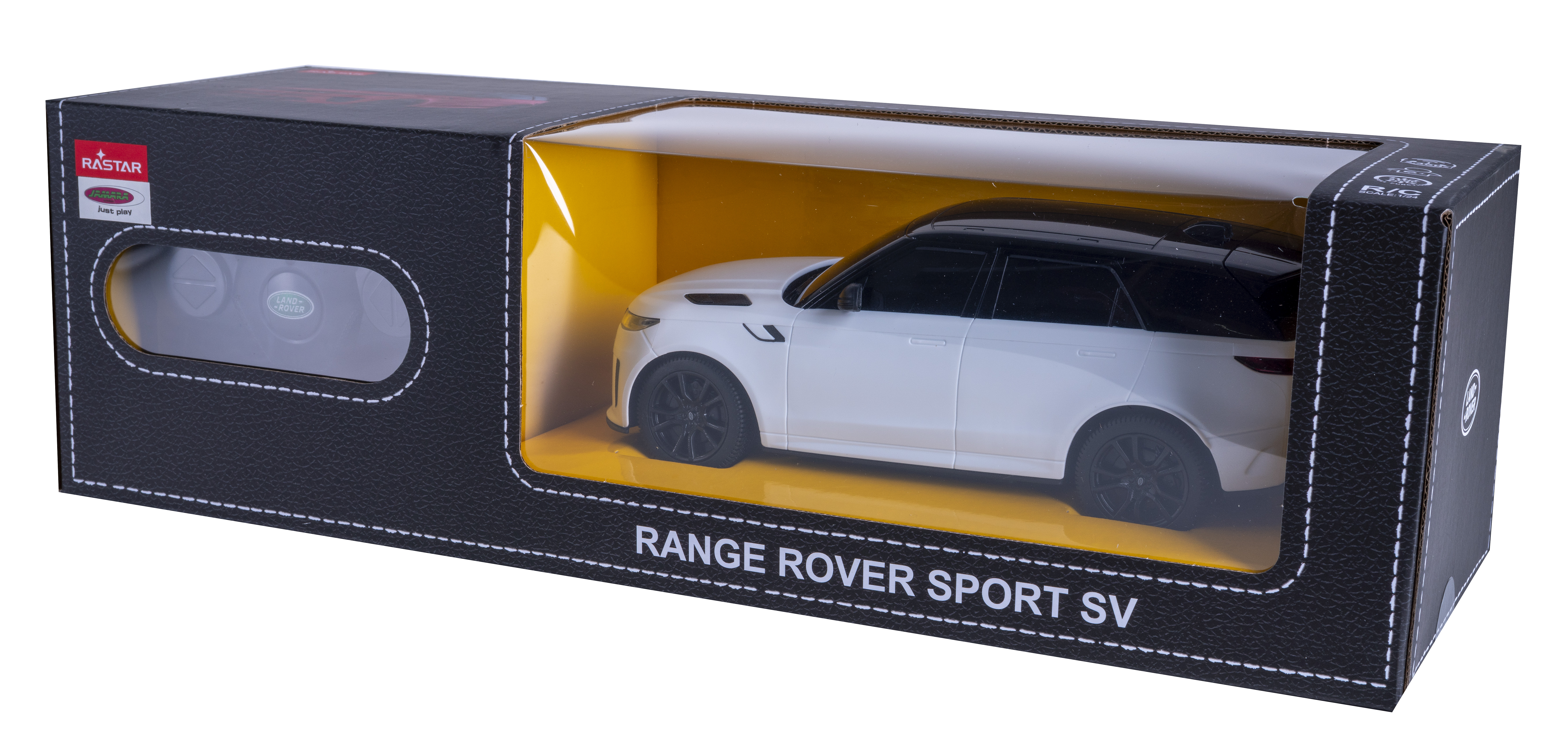 Ein weißes ferngesteuertes Range Rover Sport SV Modellauto in einer schwarzen Verpackung.