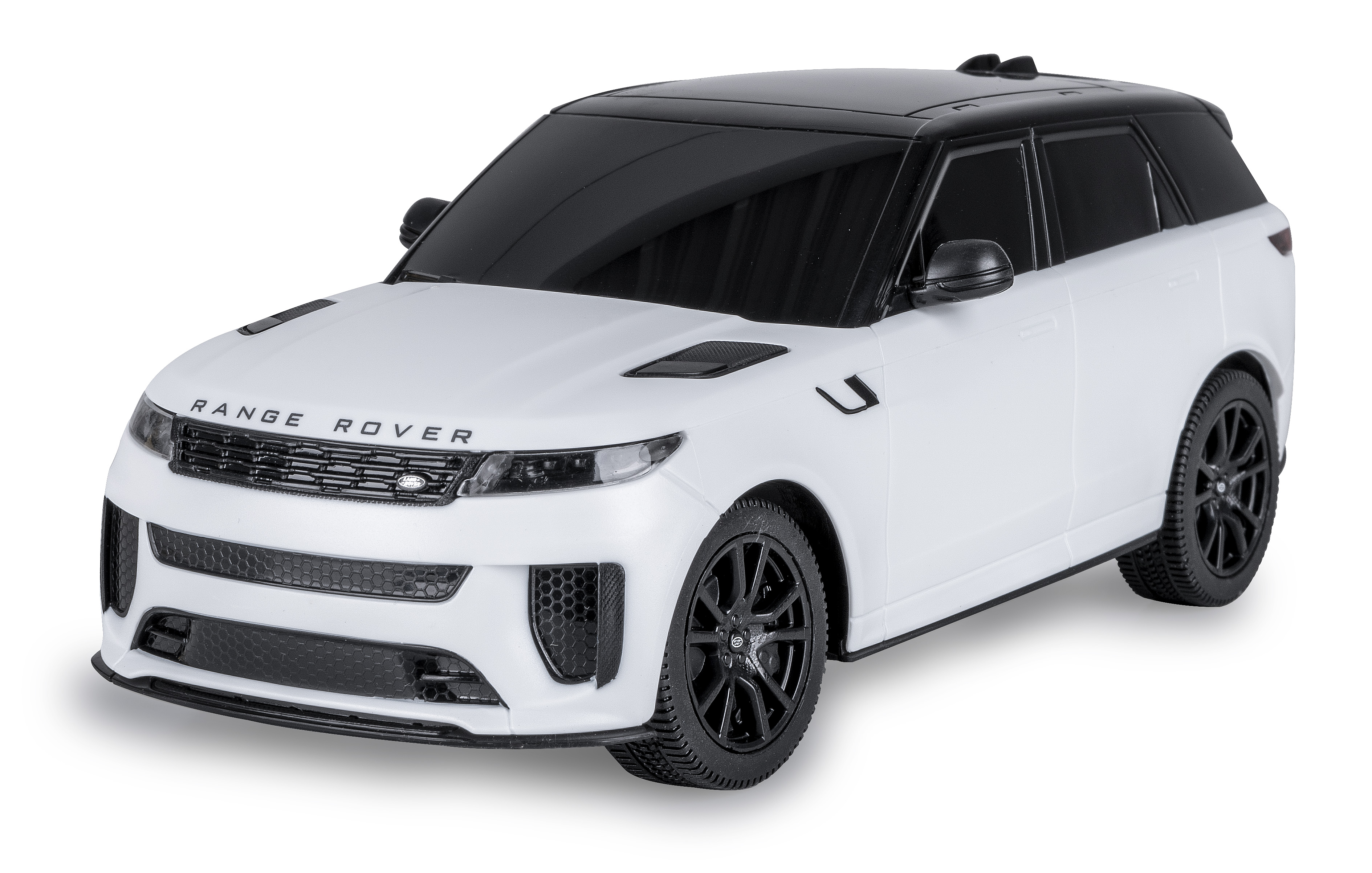 Ein weißer Range Rover mit schwarzem Dach und schwarzen Felgen steht auf weißem Grund.