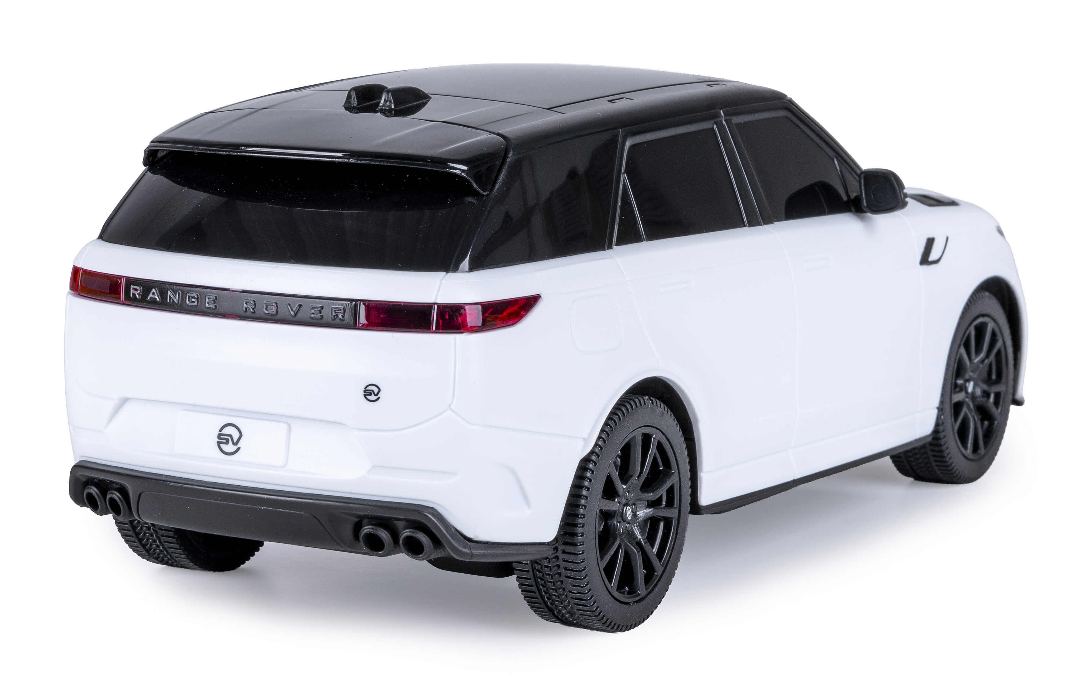Ein weißes Range Rover Spielzeugauto mit schwarzem Dach und Felgen.