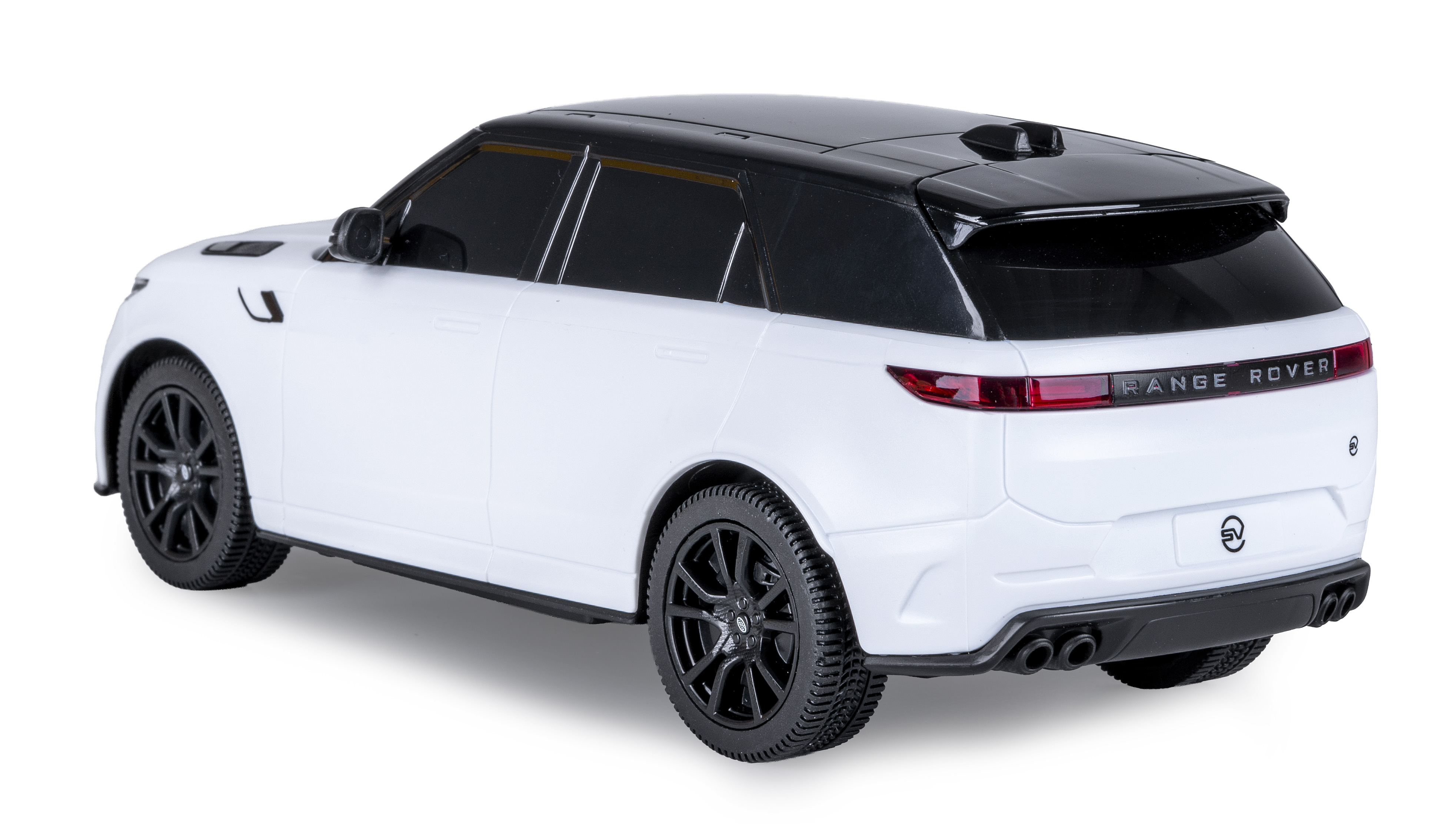 Ein weißer Range Rover mit schwarzem Dach und schwarzen Felgen.