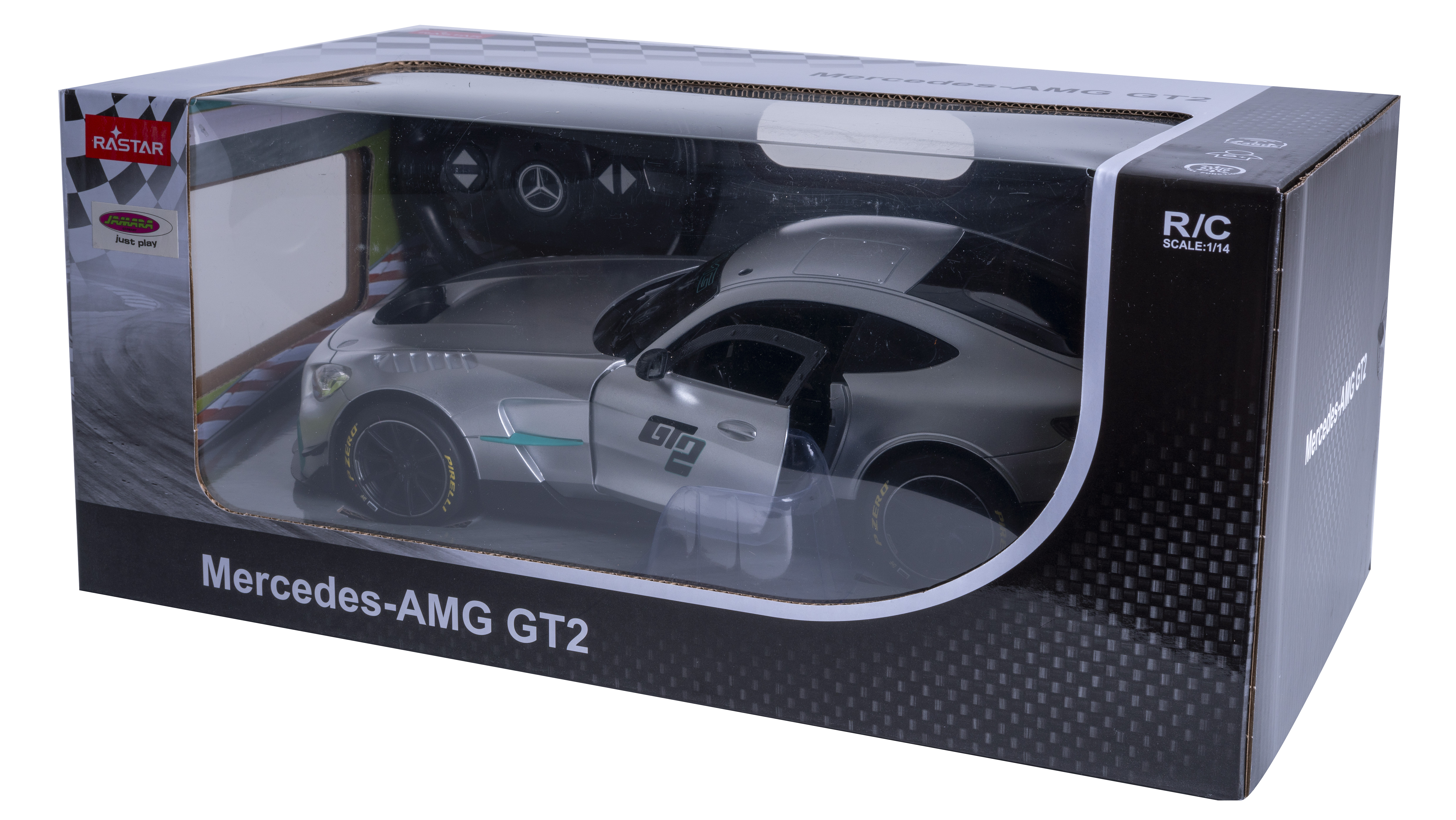 Ein silbernes Mercedes-AMG GT2 RC-Auto in einer Verpackung mit Rennstreckenmotiv.