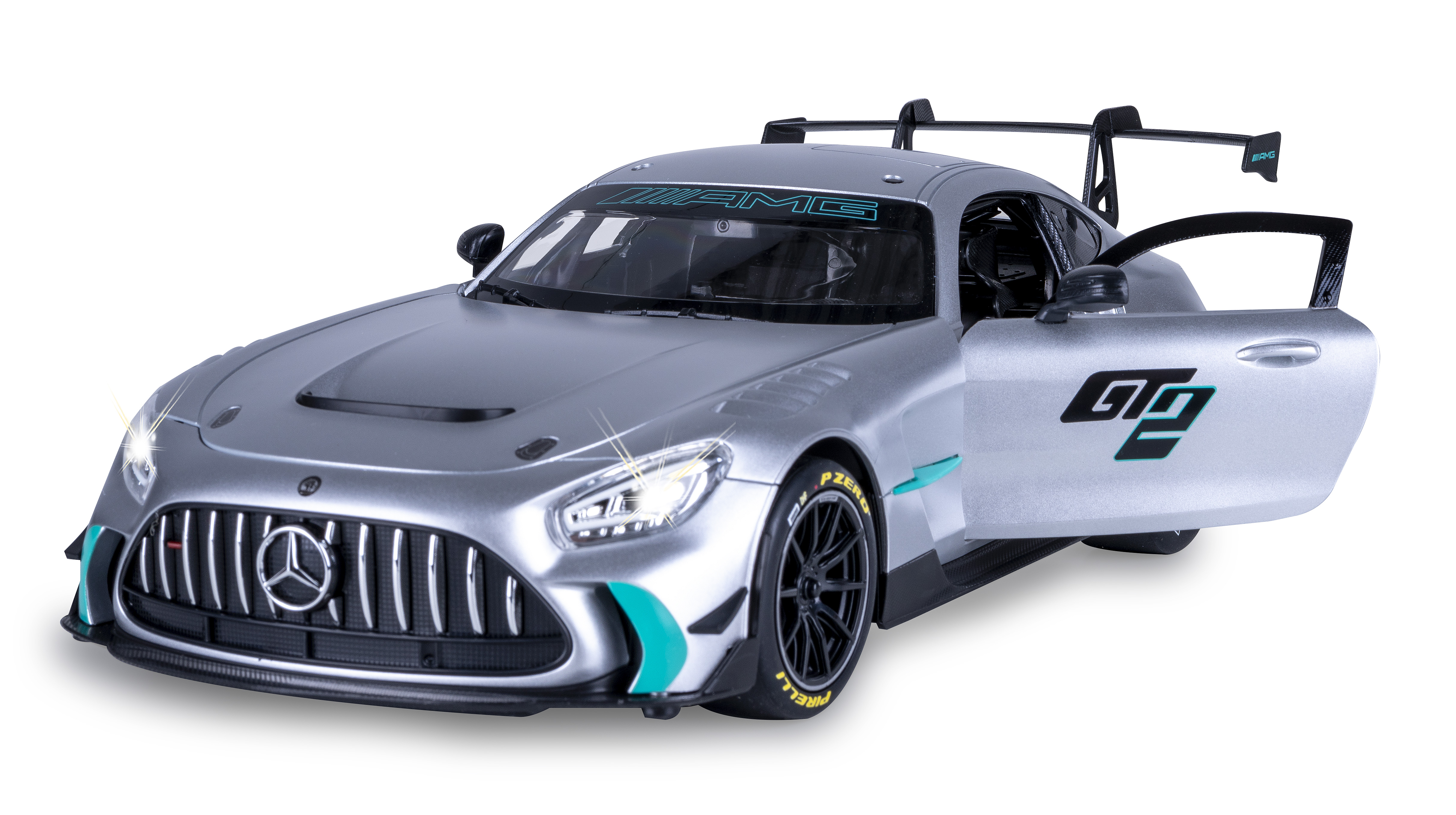 Silbernes Mercedes-AMG GT2-Rennwagenmodell mit offener Fahrertür und großem Heckflügel.