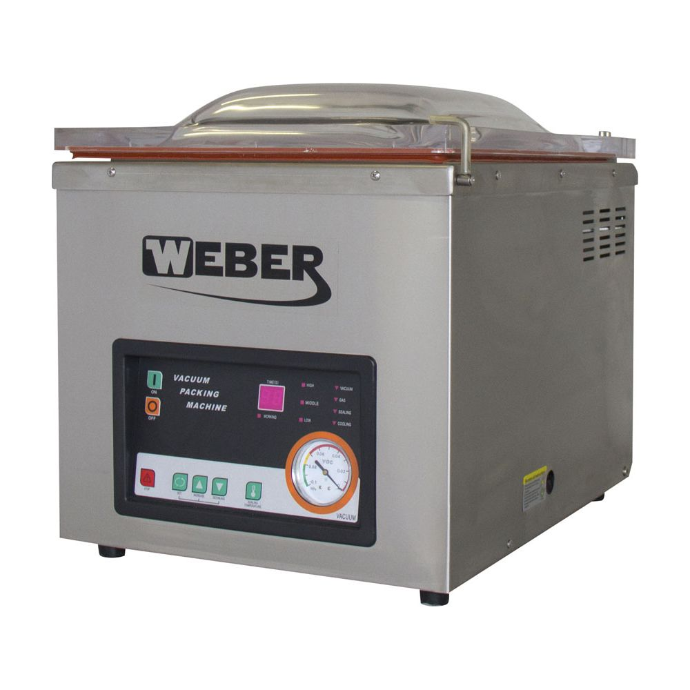 Edelstahl-Vakuumverpackungsmaschine von Weber mit Klarsichtdeckel und Bedienfeld.