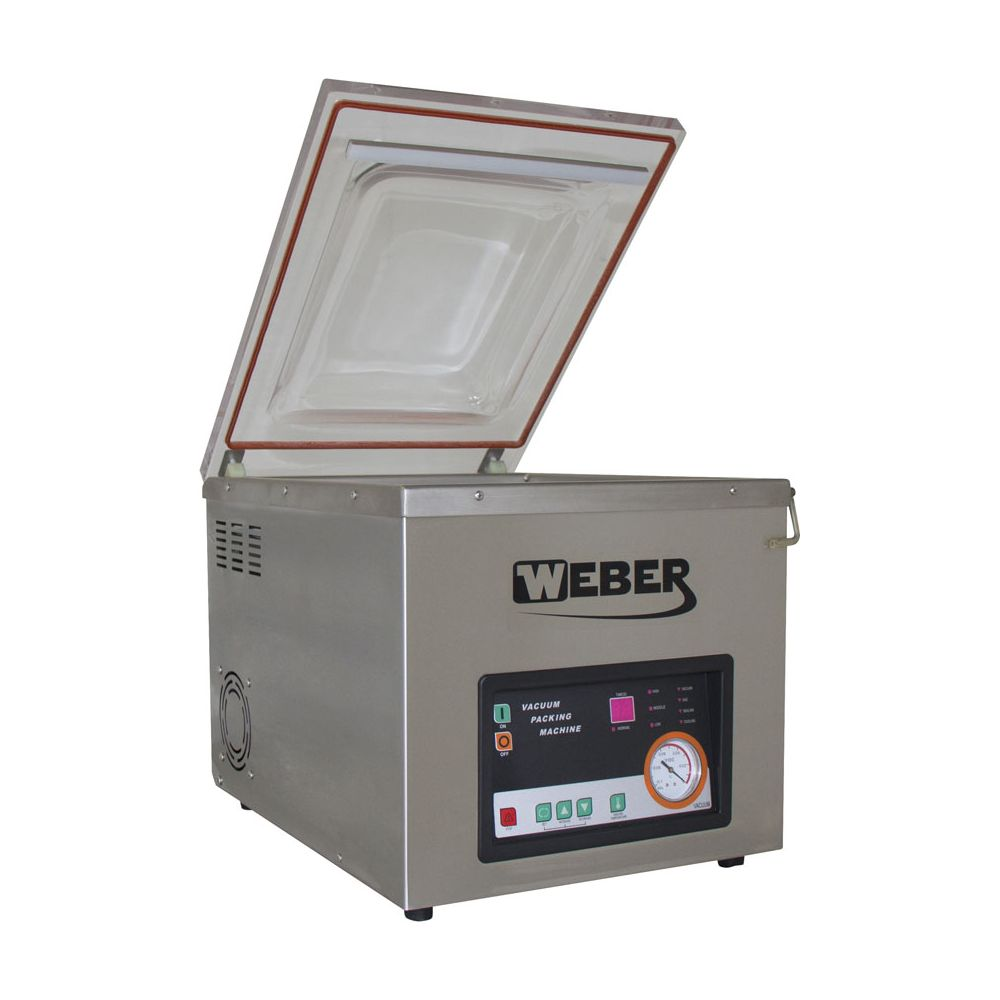Eine silberne Weber Vakuumverpackungsmaschine mit geöffnetem Deckel, die ein digitales Bedienfeld zeigt.