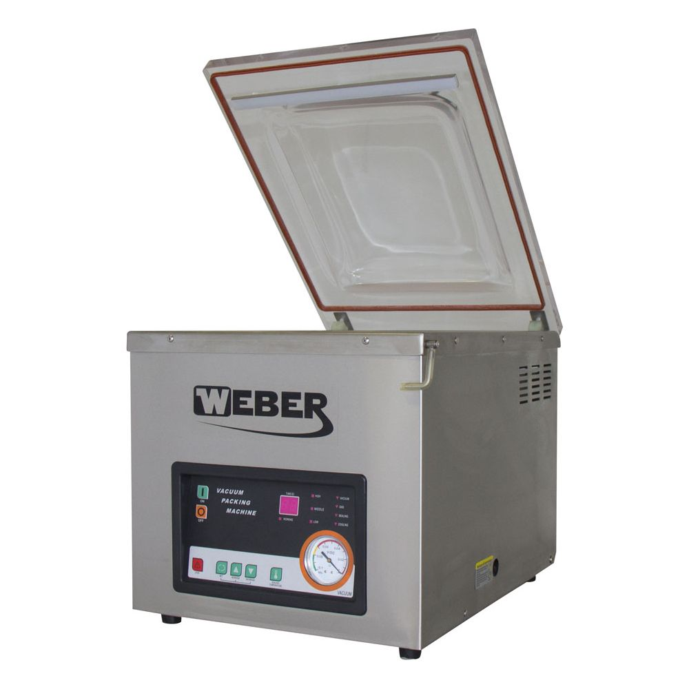 Eine silberne Weber Vakuumverpackungsmaschine mit geöffnetem Deckel.