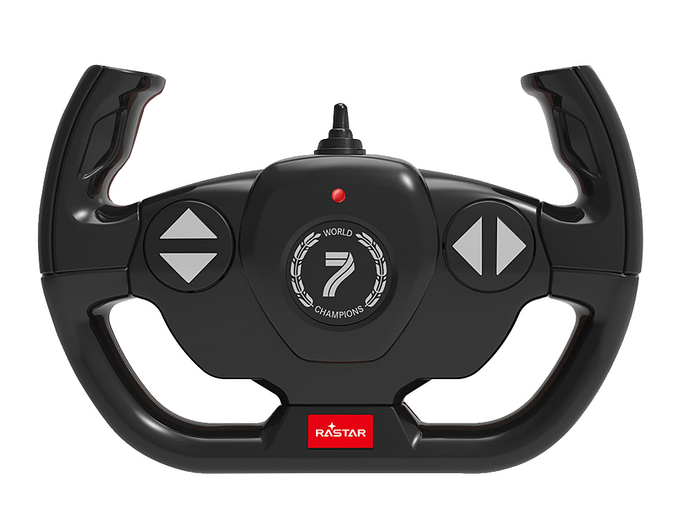 Schwarzer Lenkrad-Controller mit silbernen Knöpfen und 'World Champions 7'-Logo.