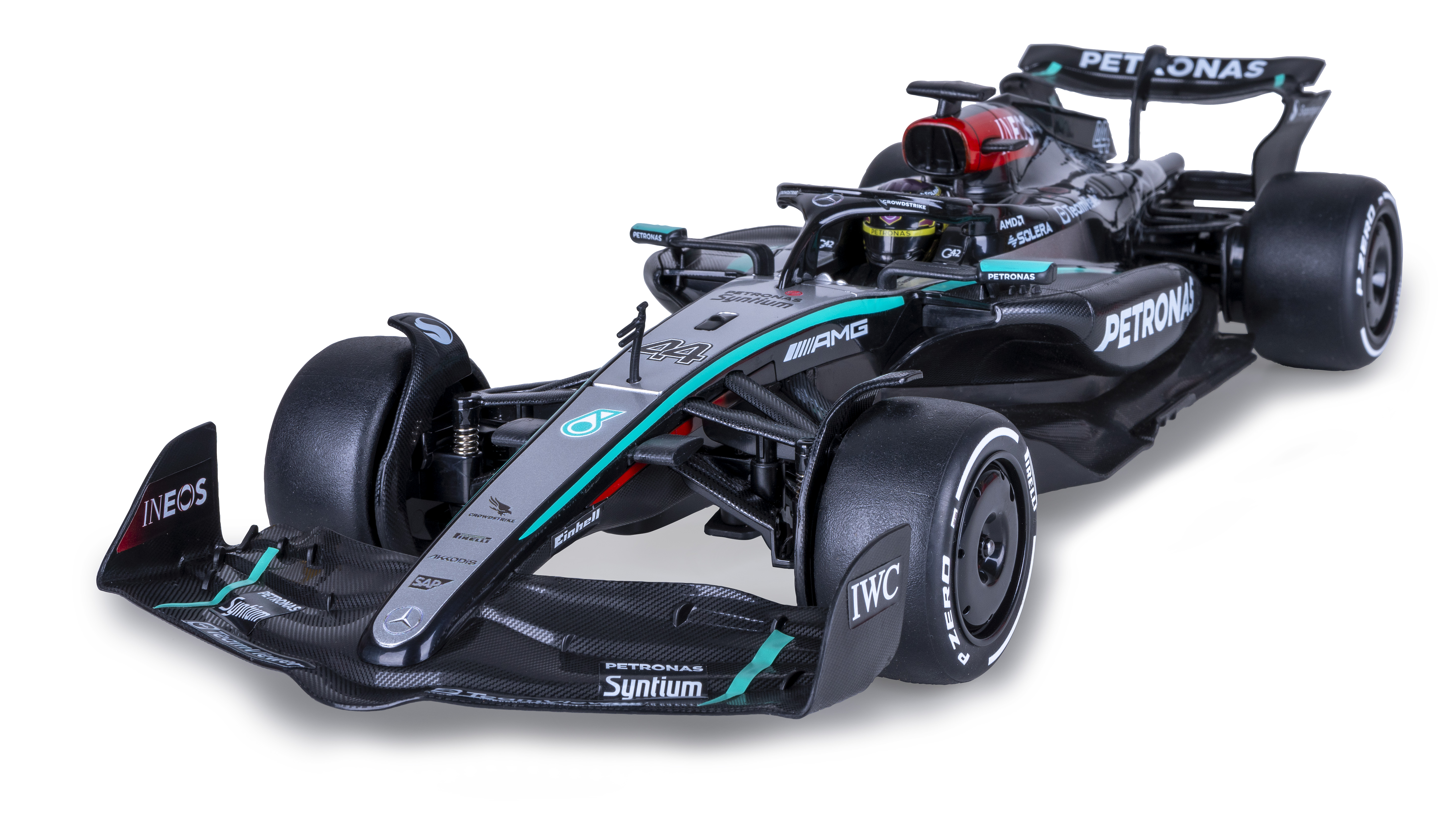 Ein schwarzer Formel-1-Rennwagen mit türkisen und roten Akzenten auf weißem Hintergrund.