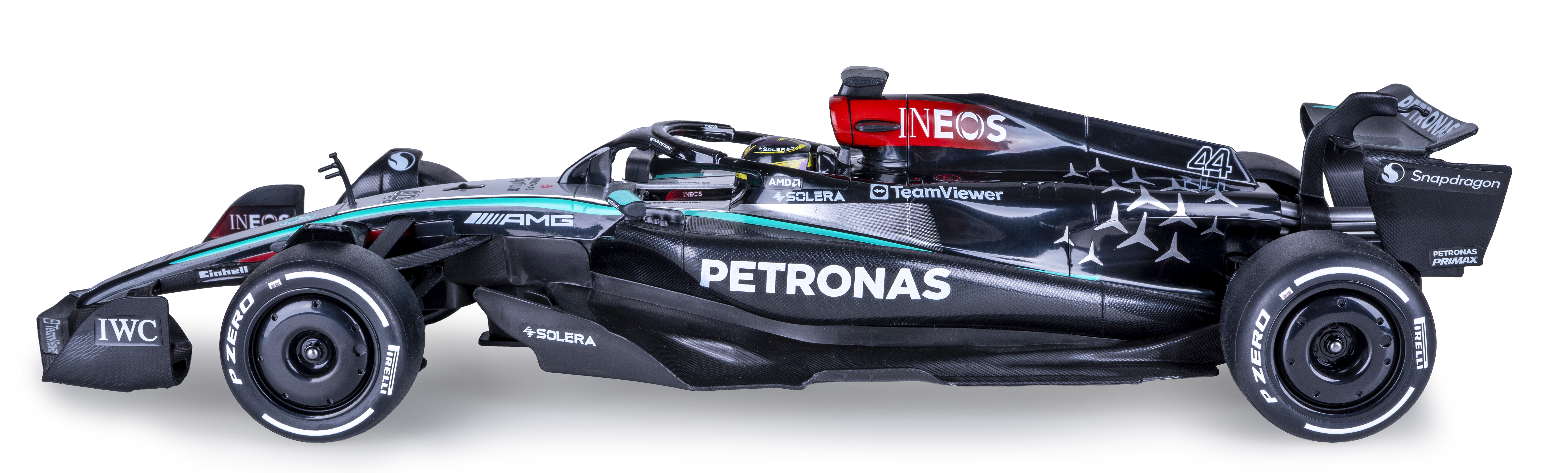 Schwarzer Formel-1-Wagen mit türkisfarbenen Akzenten und Sponsorenlogos.
