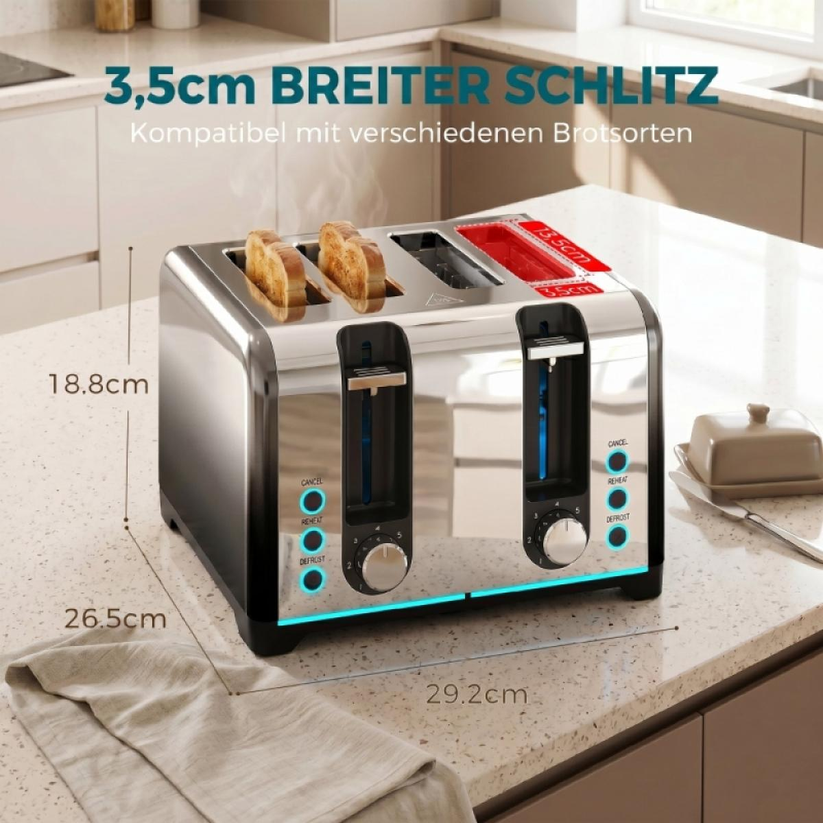 Ein silberner Toaster mit vier Toastscheiben, 3,5cm Schlitzbreite.
