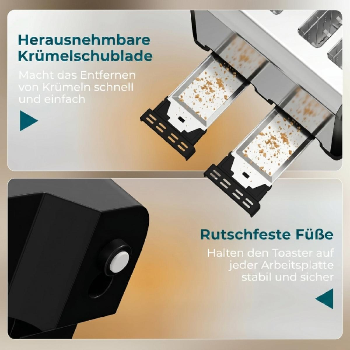 Ein Toaster mit herausnehmbarer Krümelschublade und rutschfesten Füßen.