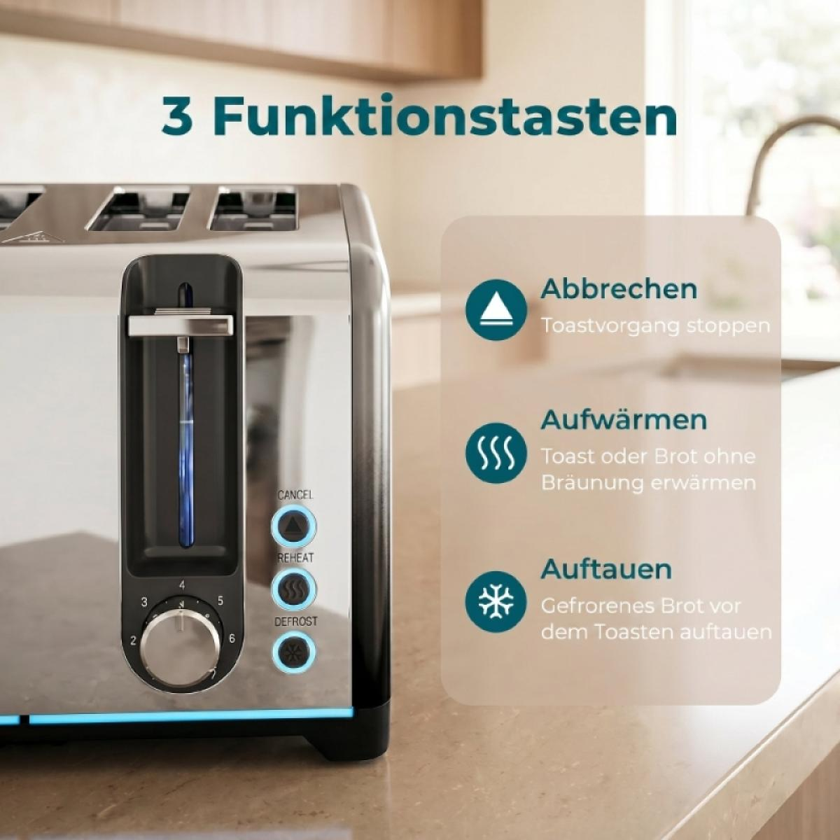 Moderner silberner Toaster mit 3 Funktionstasten: Abbrechen, Aufwärmen, Auftauen.