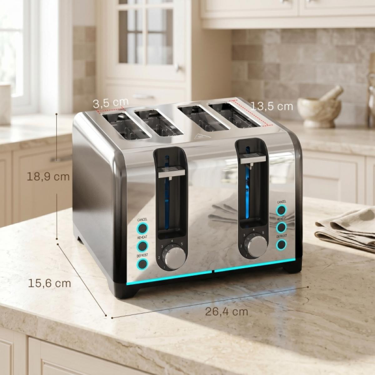 Ein glänzender, silberner Toaster mit vier Schlitzen steht auf einer Marmorarbeitsplatte.