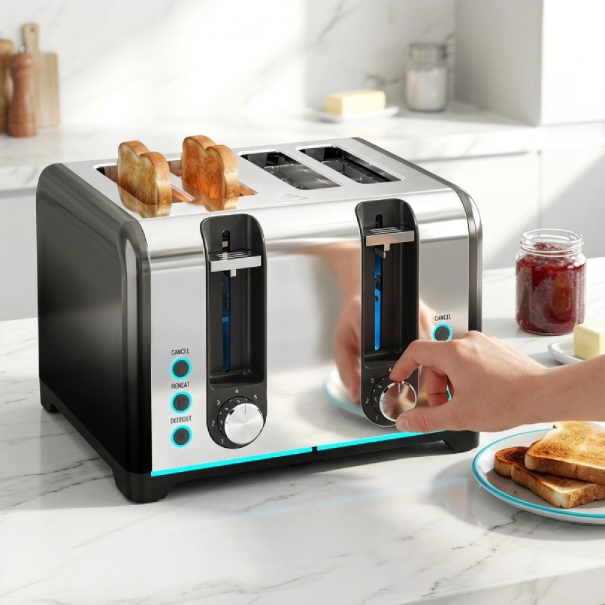 Ein silberner Toaster mit Toastbrot, Marmelade und Butter auf einer Marmorplatte.