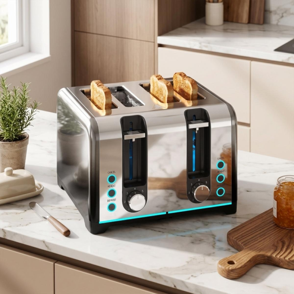 Ein vierteiliger Chrom-Toaster mit Toast, auf einer Marmorarbeitsplatte mit Marmelade und Butterdose.