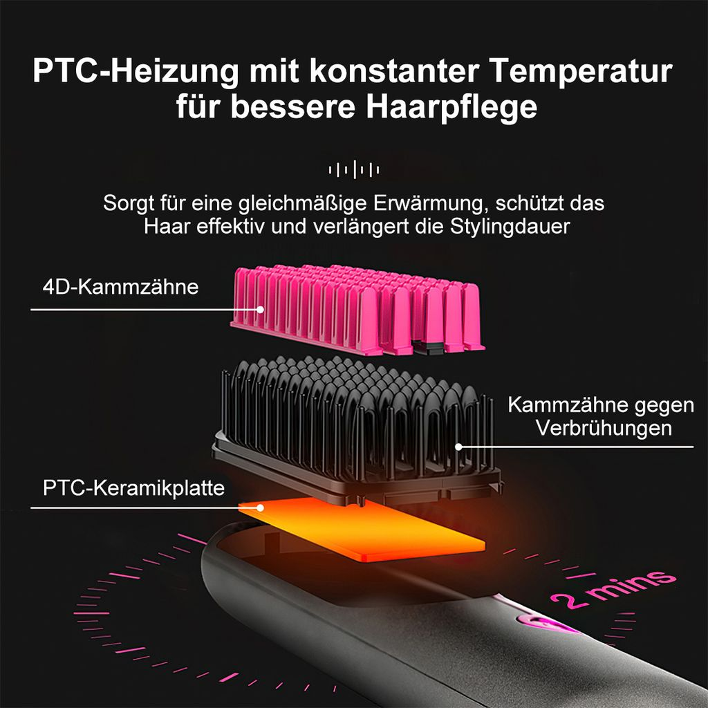 Detailansicht eines Haarstylers mit PTC-Heizung, Keramikplatte und Kammzähnen.