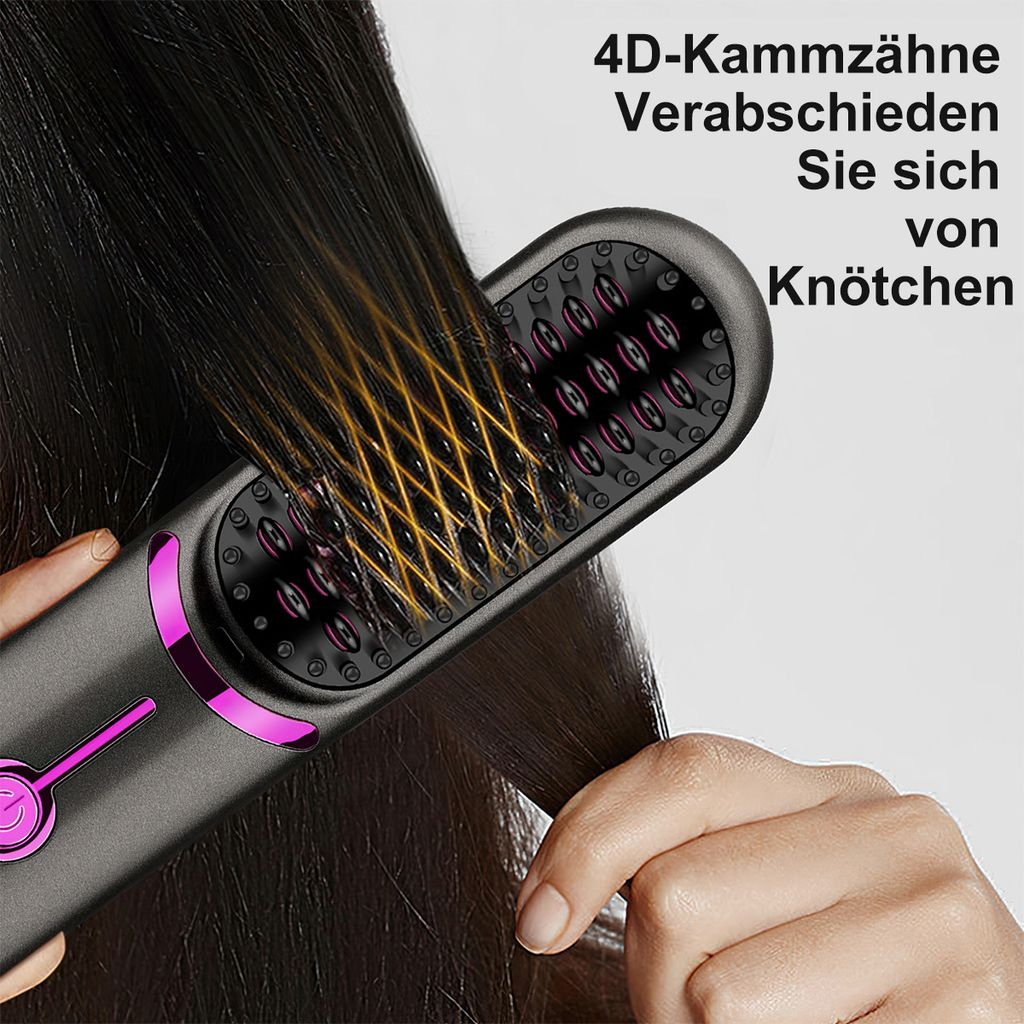Eine Bürste mit rosa Akzenten glättet dunkles Haar. Gelbe Heizdrähte sind sichtbar.
