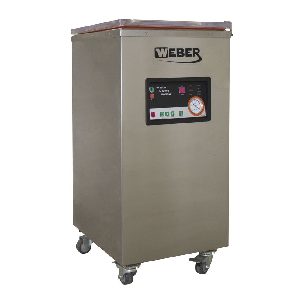 Edelstahl-Vakuumverpackungsmaschine von Weber mit Bedienfeld und Manometer.