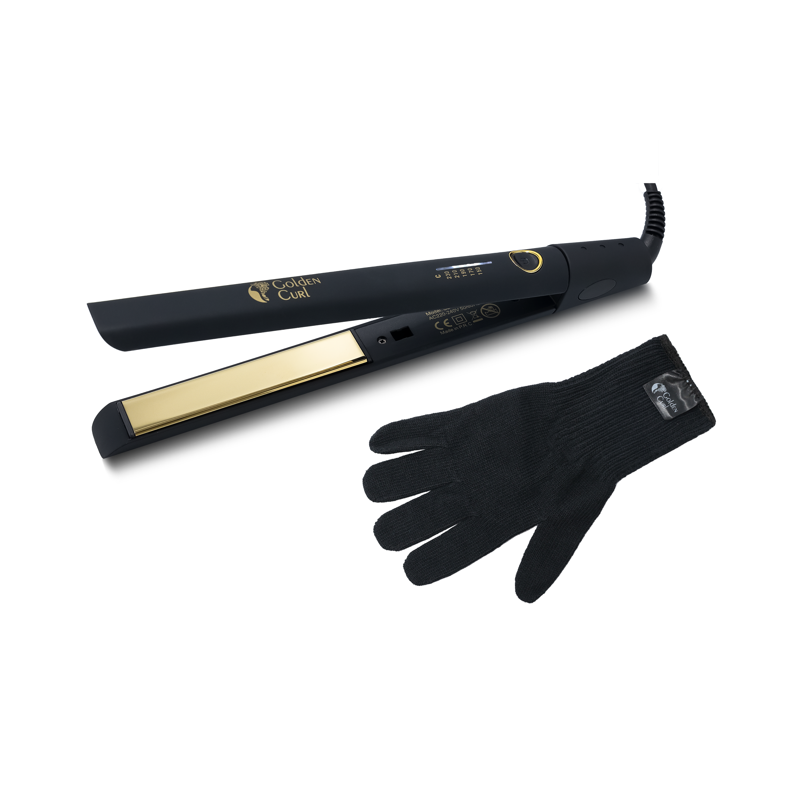 Ein schwarzer Golden Curl Haarglätter mit goldenen Platten und ein schwarzer Handschuh.