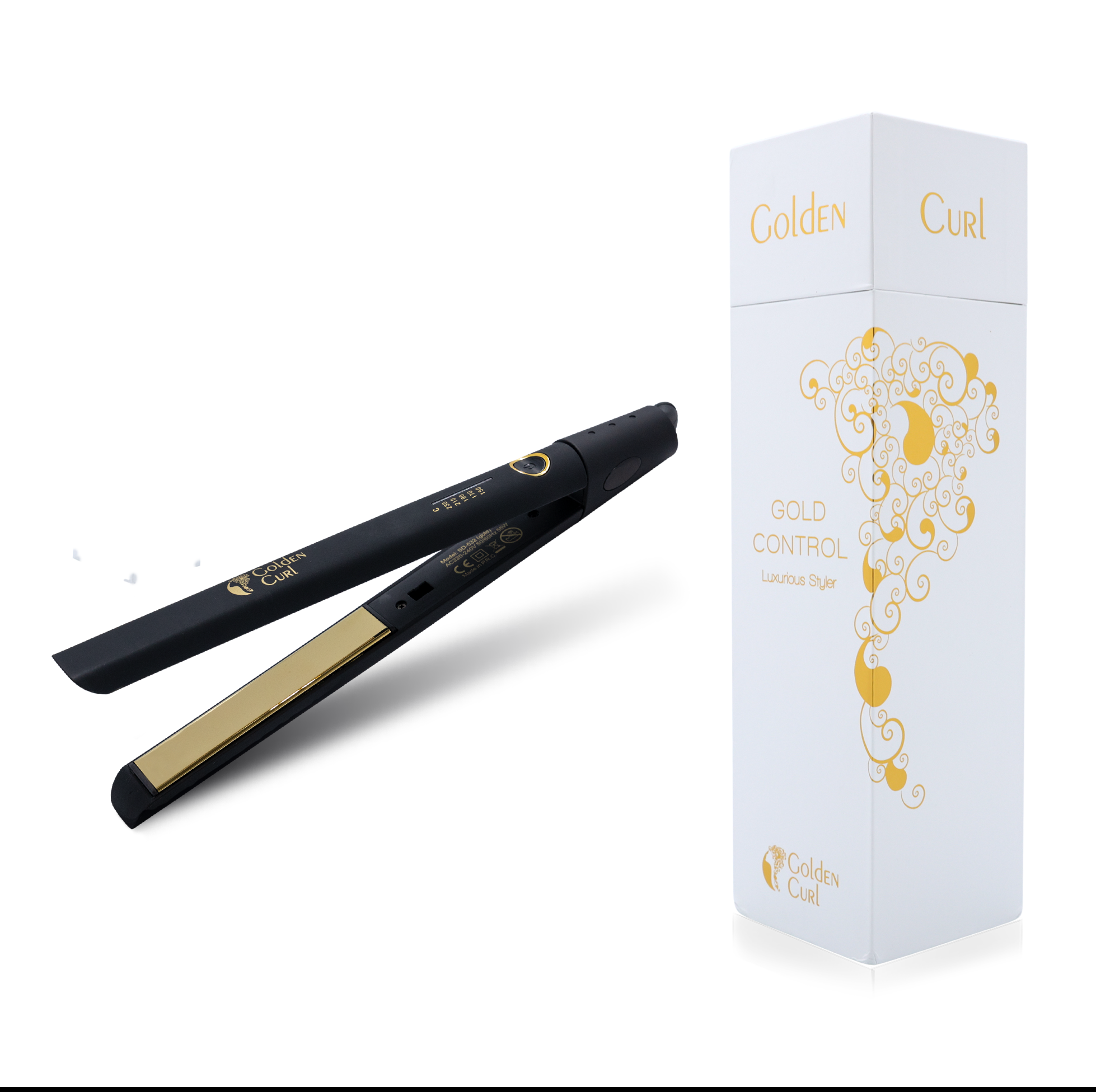 Ein schwarzer Haarglätter mit goldenen Platten und seine weiße Box mit goldenem Design.